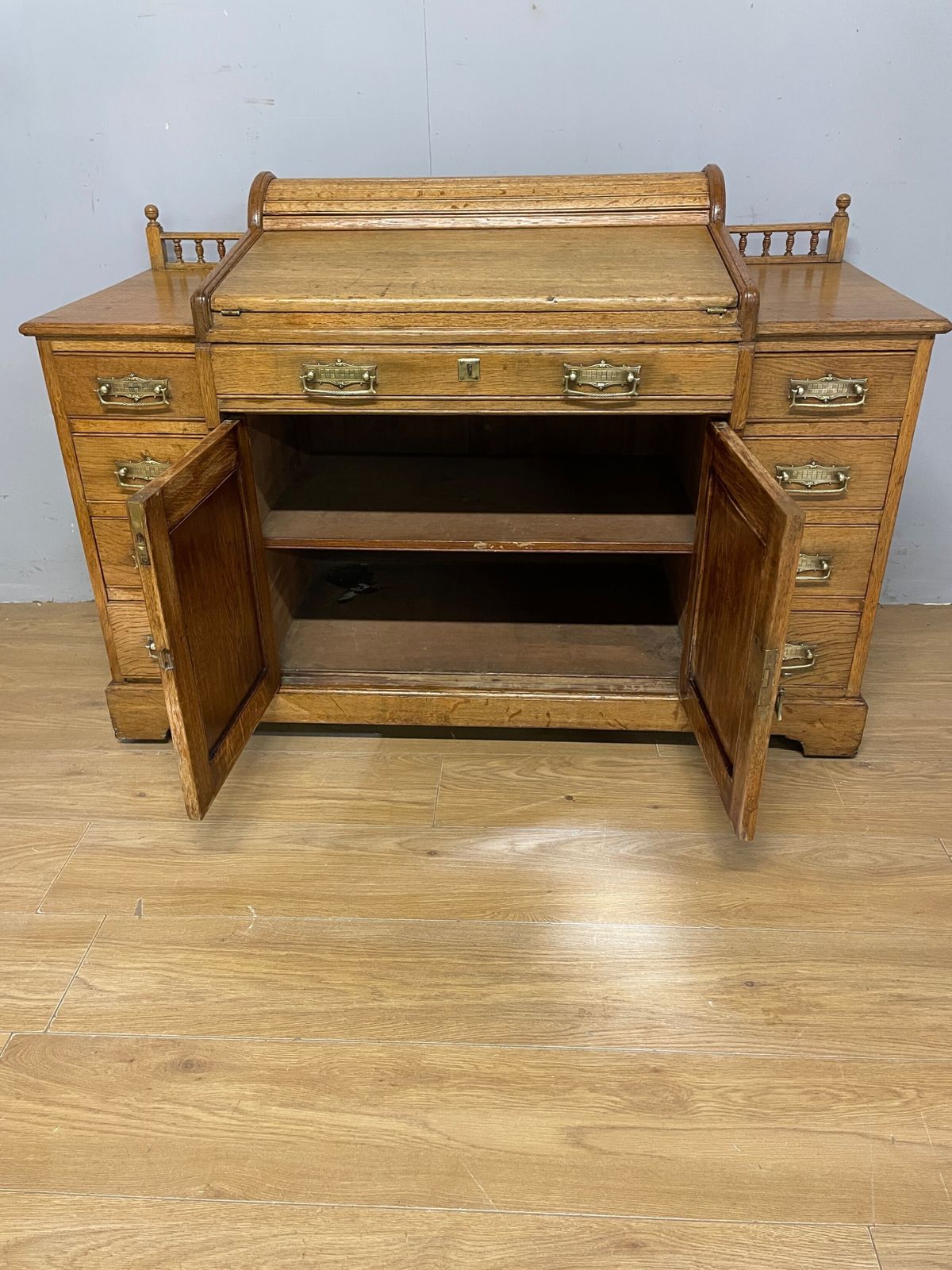C19th Golden Oak Tambour Desk With Fitted Interior photo vinterior