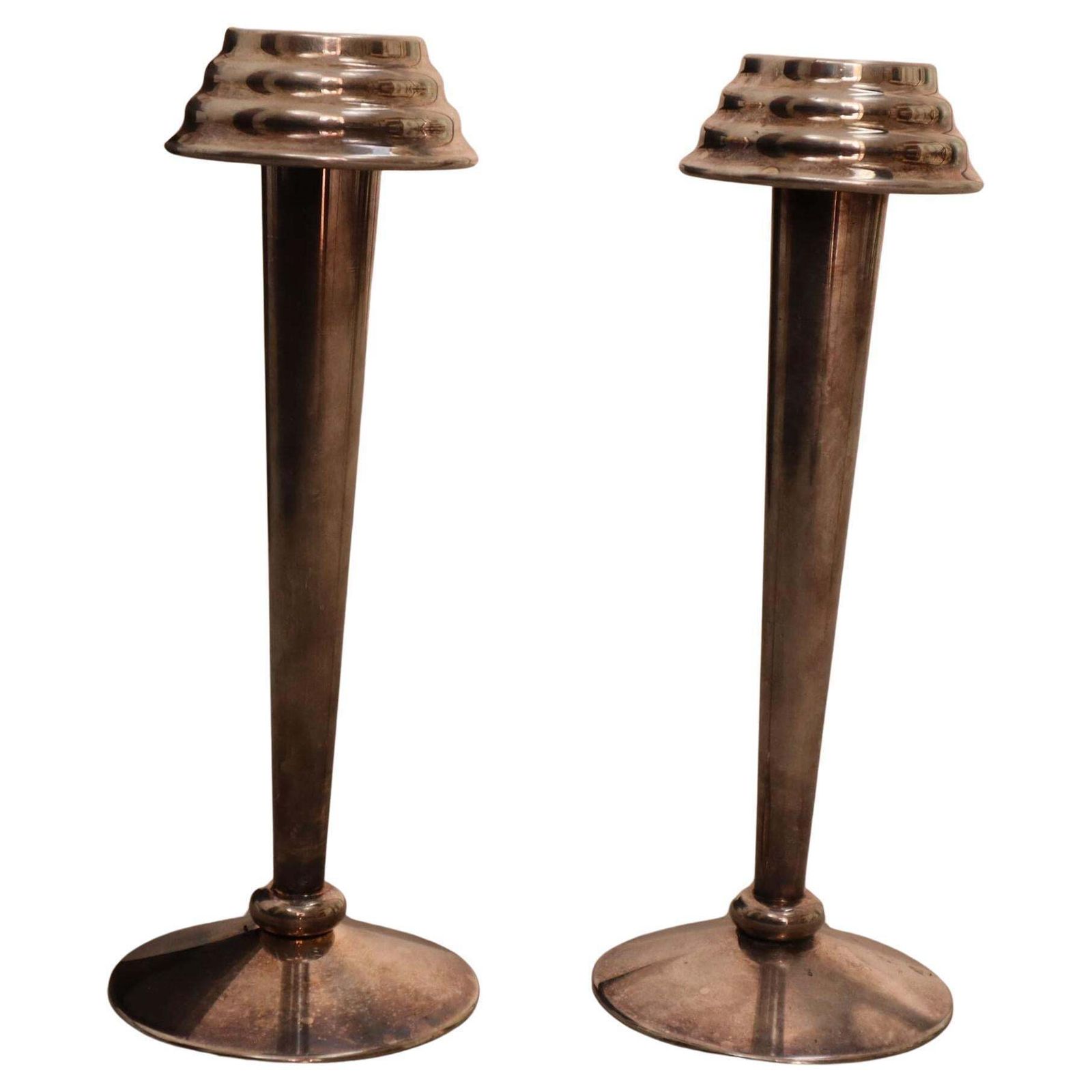 Art Deco Pair Of Nickel Plated Brass Candle Holders, Italy, 1930s