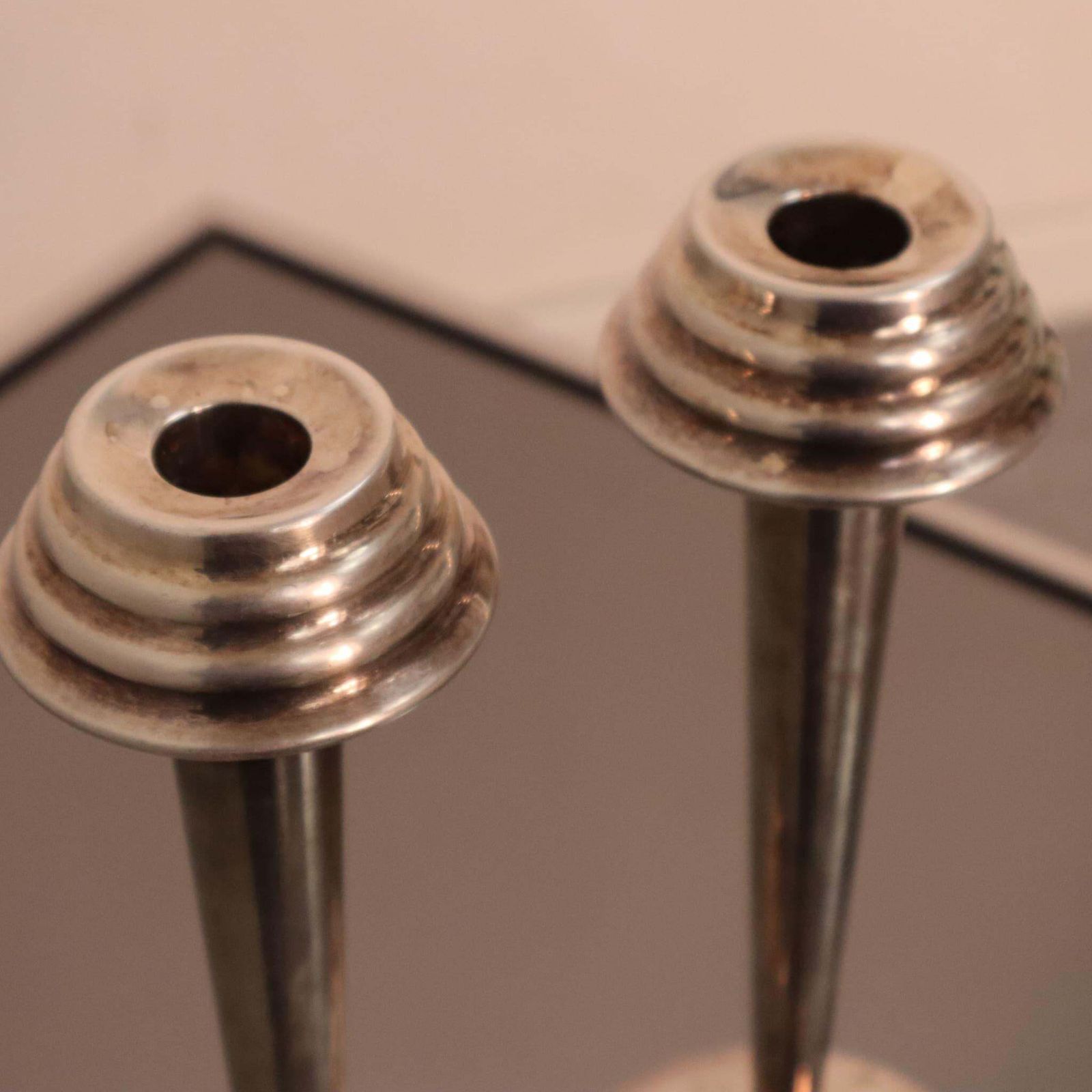 Art Deco Pair Of Nickel Plated Brass Candle Holders, Italy, 1930s photo buy
