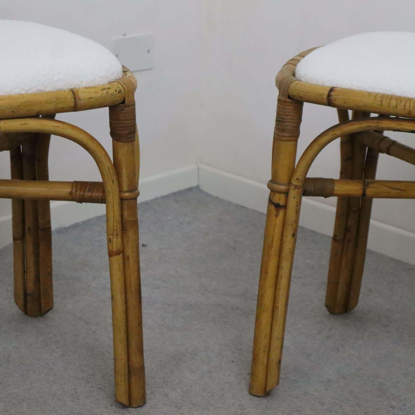 Pair Of Italian Rattan Bamboo Stool Fabric White Boucle From 1970s photo Furniture