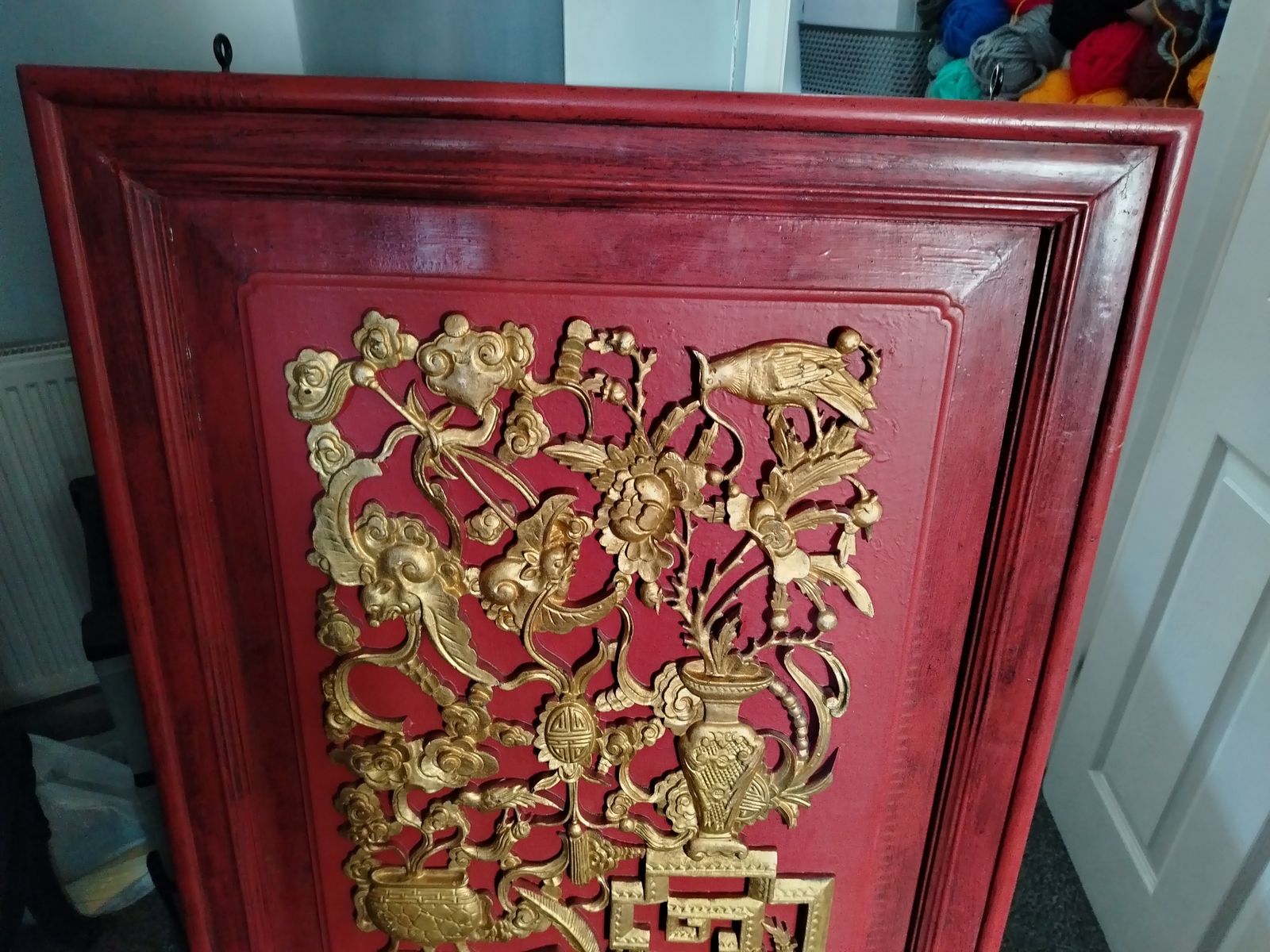 Large Lacquered Wood Chinese Plaque Decorated In Relief With Gilt Birds, Animals And Foliage photo vinterior