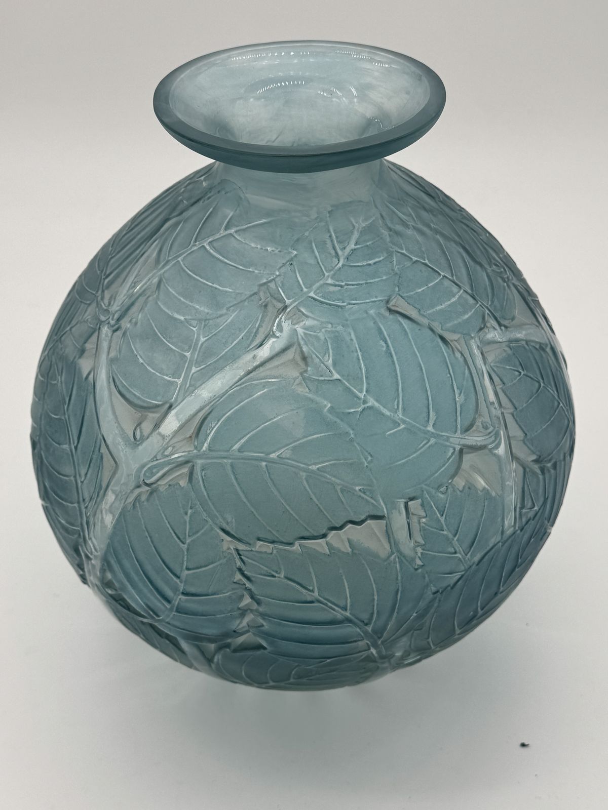 A R.Lalique Milan  Blue Patinated Glass Vase photo for sale