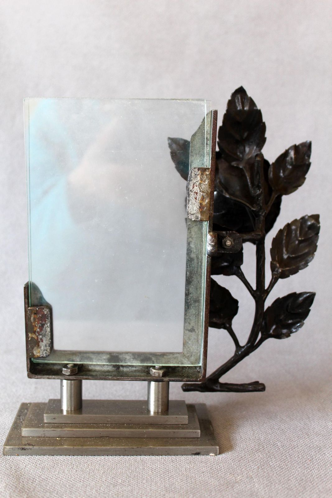 Vintage Art Deco Picture Frame, Forged 3d Rose Flower, Heavy Metal Iron Base, Two Glass Sheets, Table Photo Frame, Circa 1930s, Art Frame photo 52.0