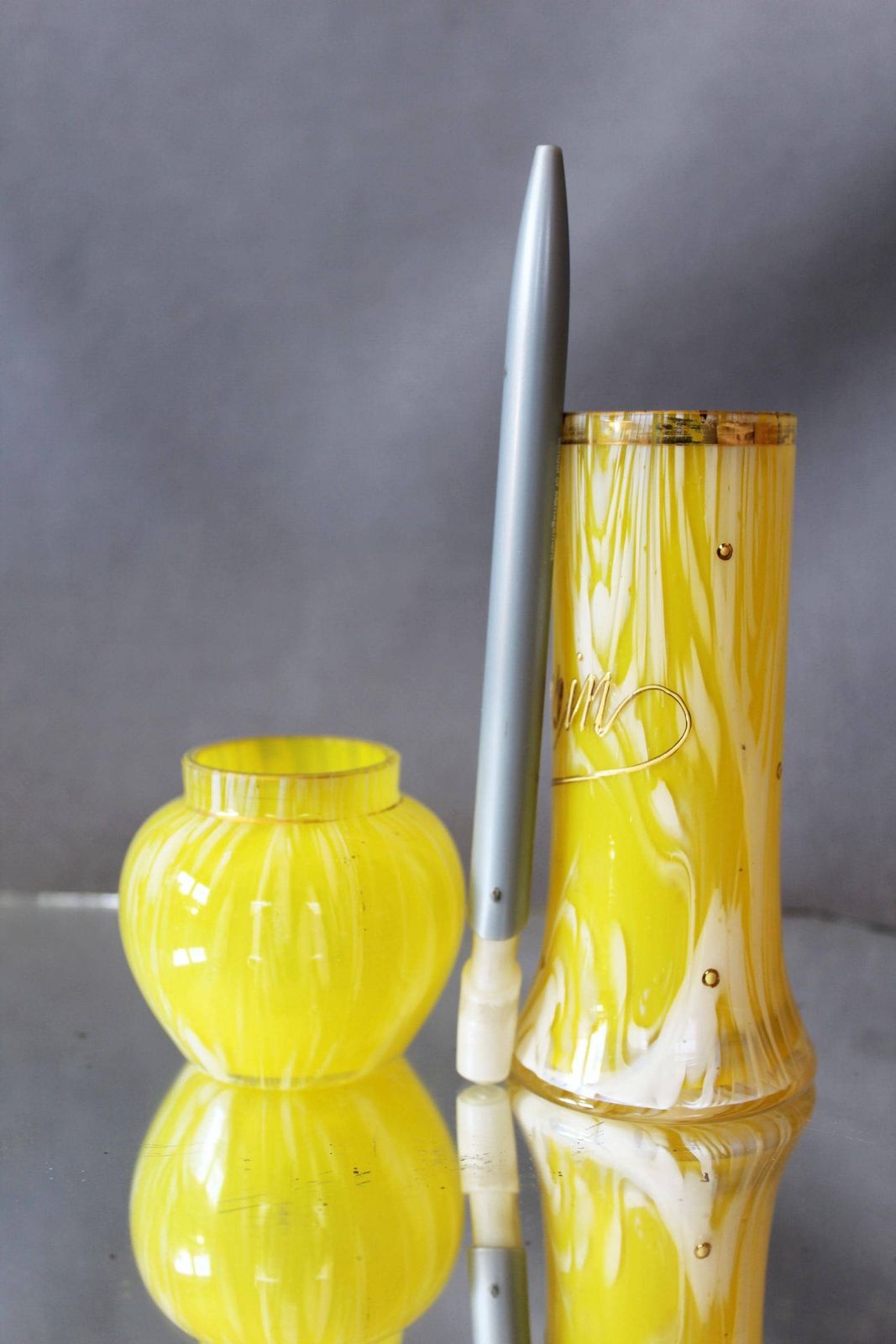 Antique 19th Century Set Of 2 Miniature Bohemian Lemon Yellow And White Spatter Glass Vases, Bud Vase, Bowl Vase, Gilt Decor, Frank Welz photo for sale