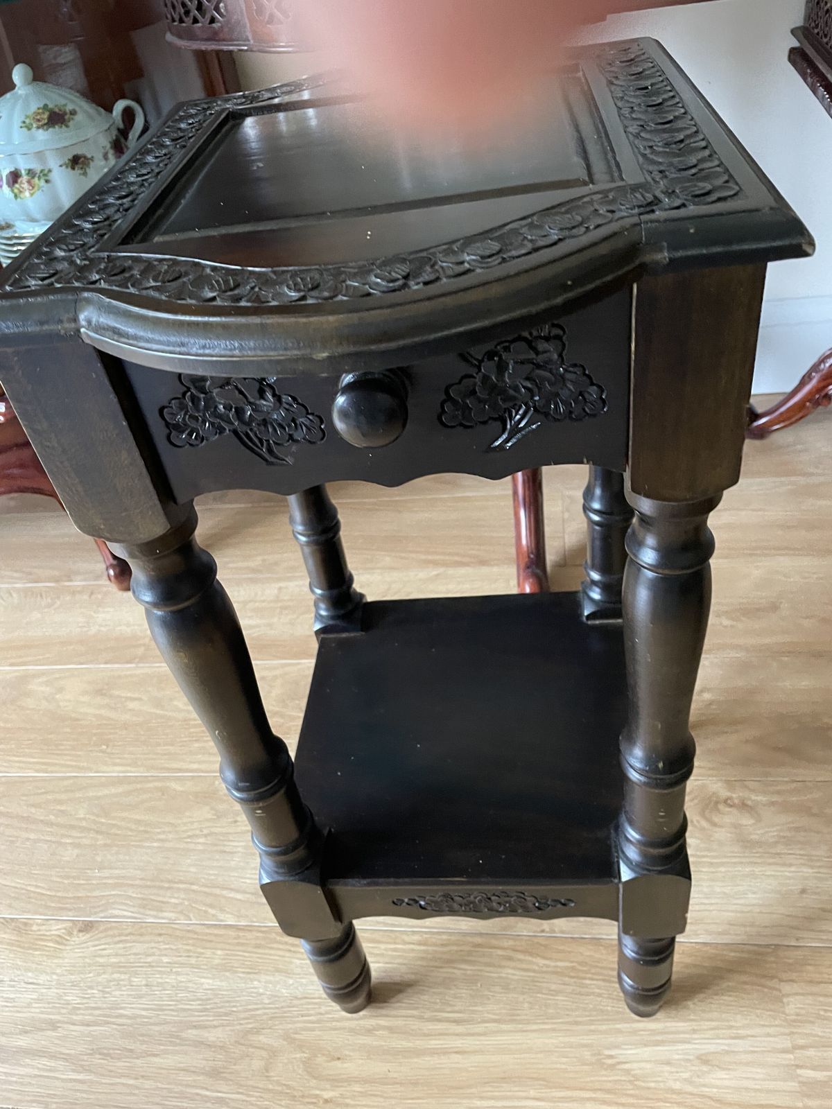 Carved Wooden  Dark Brown  Mahogany Side Table Handcrafted Floral Design photo for sale