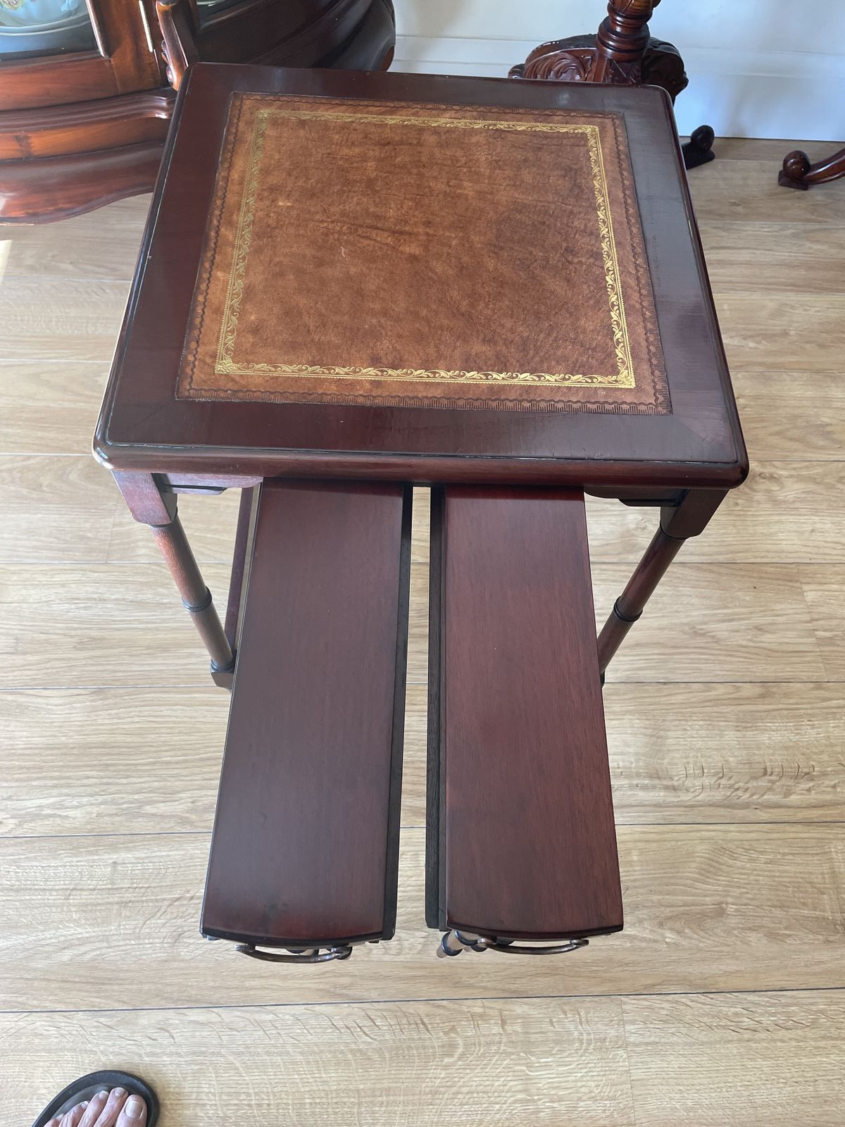 Nest Of Tables With Leather Inlay Set Of 3 Wood photo 175.0