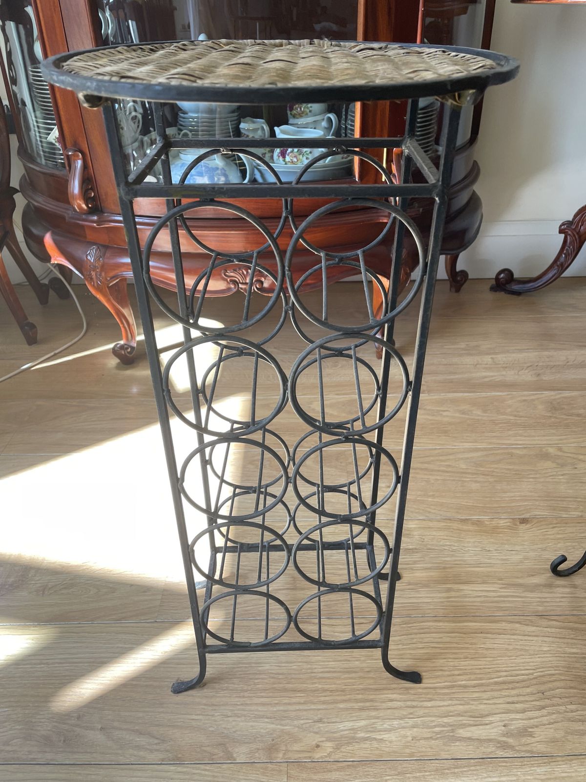 Pair Of Freestanding Wrought Iron And Rattan Floor Standing Wine Racks photo furniture