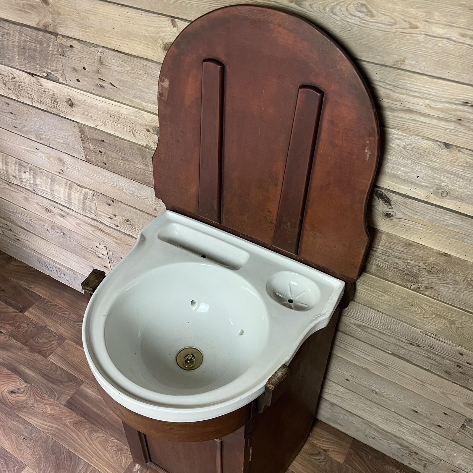 Antique Victorian Bow Fronted Mahogany Drop Flap Lid Ships Wash Stand Vanity Unit Basin photo vintage