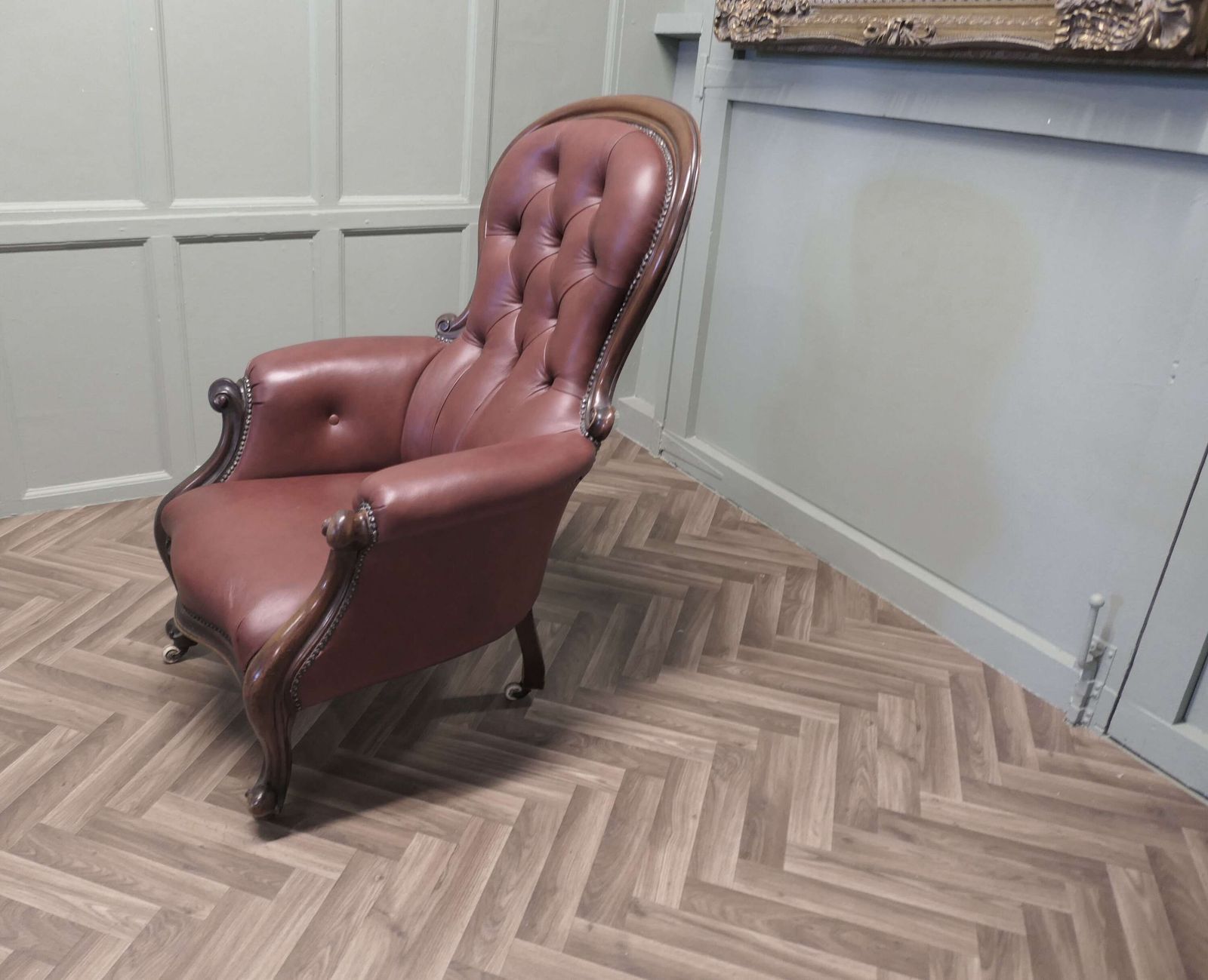 Large Button Back Salon Chair, In Burgundy Leather photo Furniture