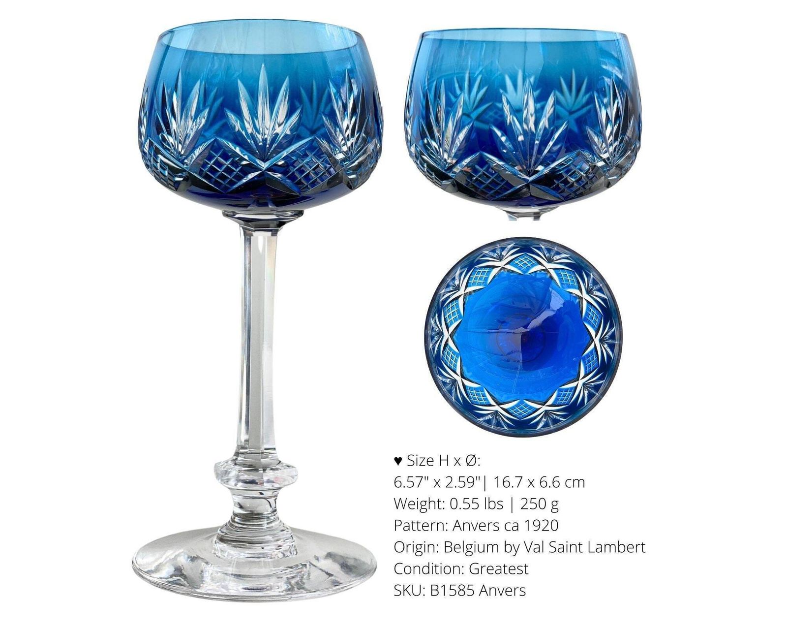 Kristallen Wijnglazen | 6 Stuks | Frans Blauw, Petrol | Val Saint Lambert 1920 photo Woonaccessoires