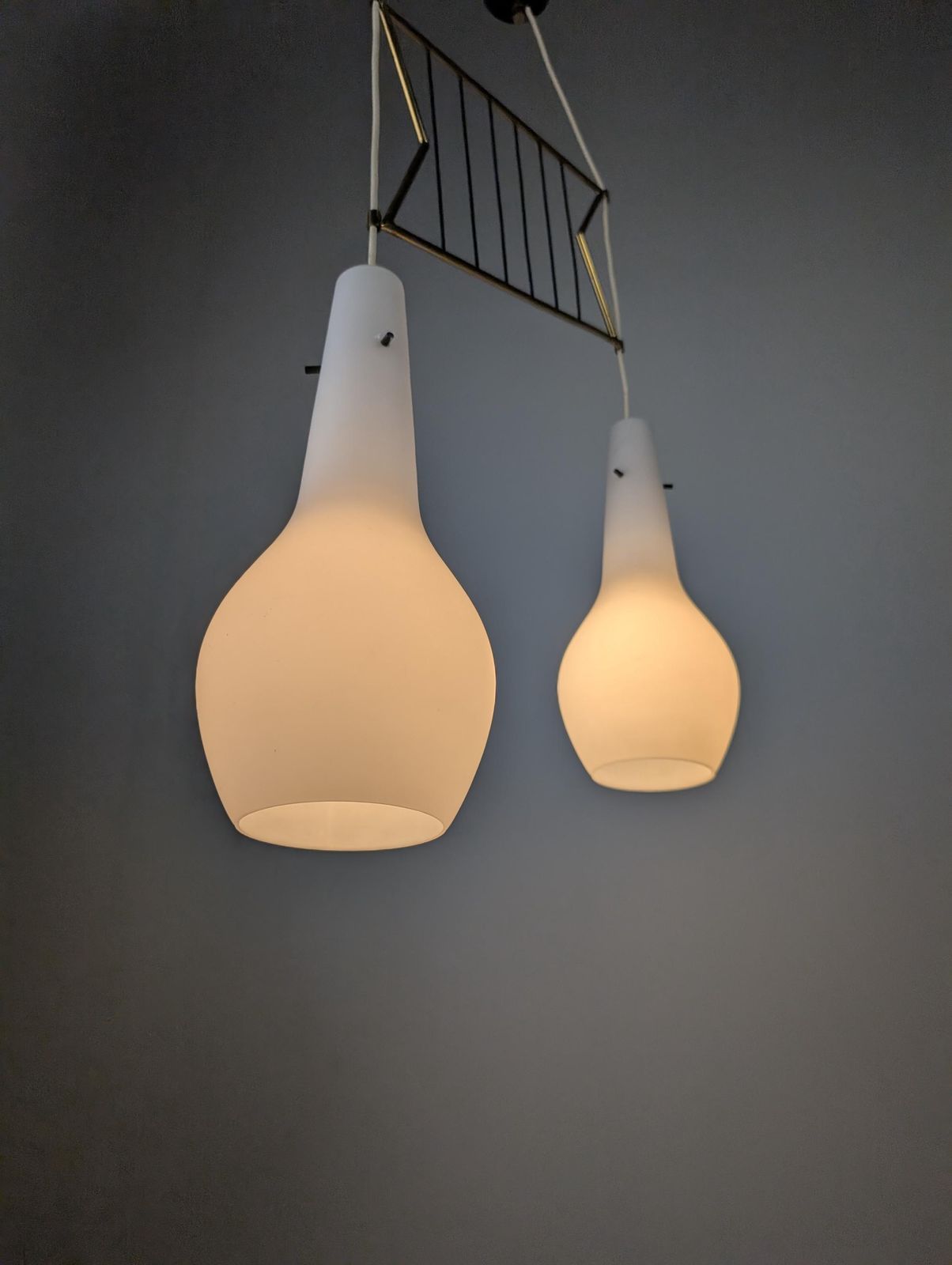 Italian Stilnovo Style Pendant Lamp With Opaline And Brass Shades, 1950s