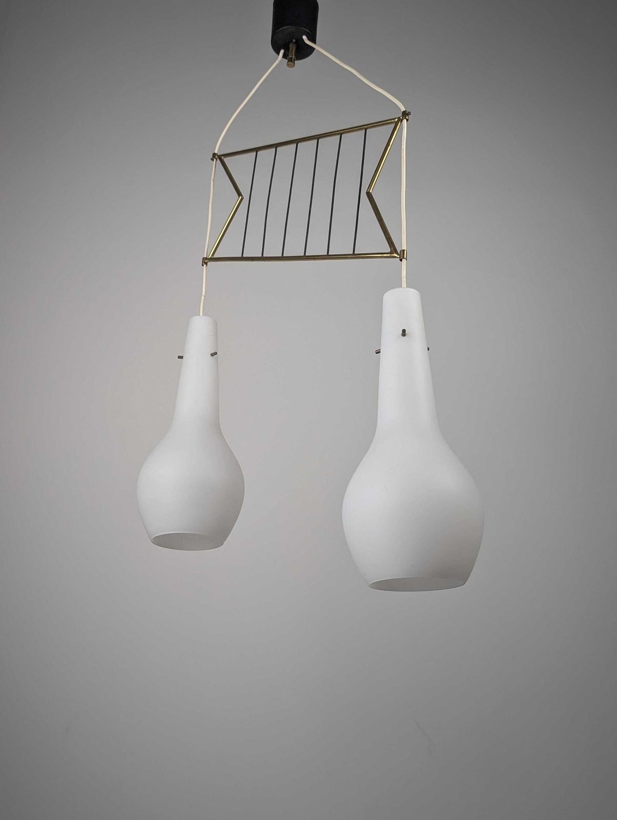 Italian Stilnovo Style Pendant Lamp With Opaline And Brass Shades, 1950s photo furniture