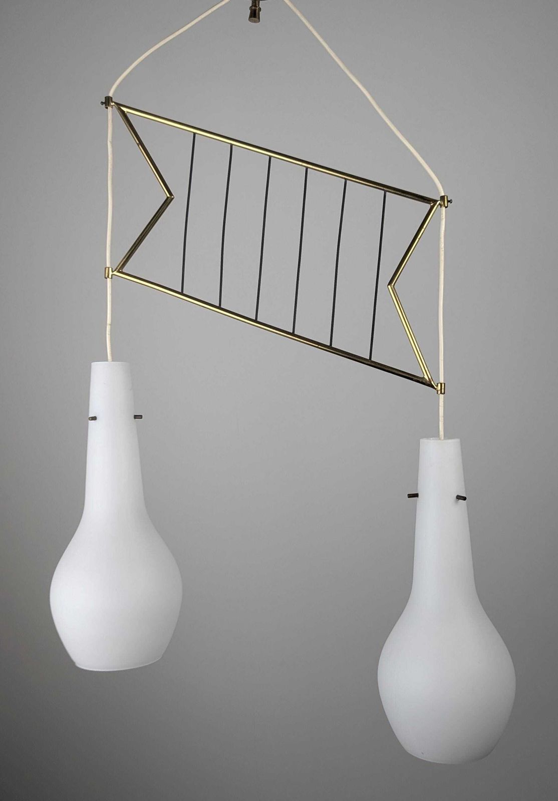 Italian Stilnovo Style Pendant Lamp With Opaline And Brass Shades, 1950s photo Lighting