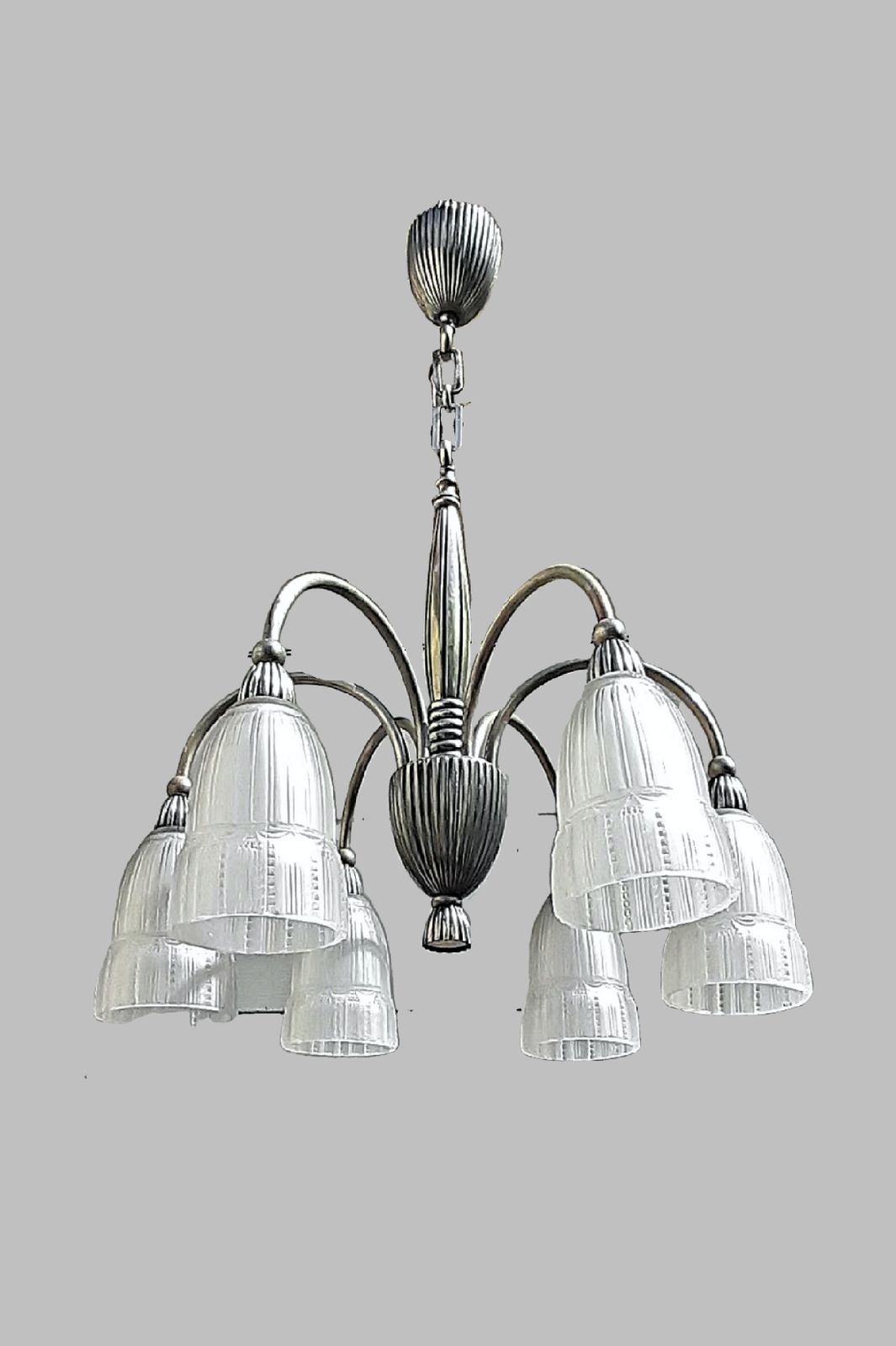 Art Deco Chandelier Elegant Early 1930s French Design Ok For Low Ceiling, Stylish Clear And Frosted Glass Shades, Nickel Plated Bronze Fixture France photo 1250.0