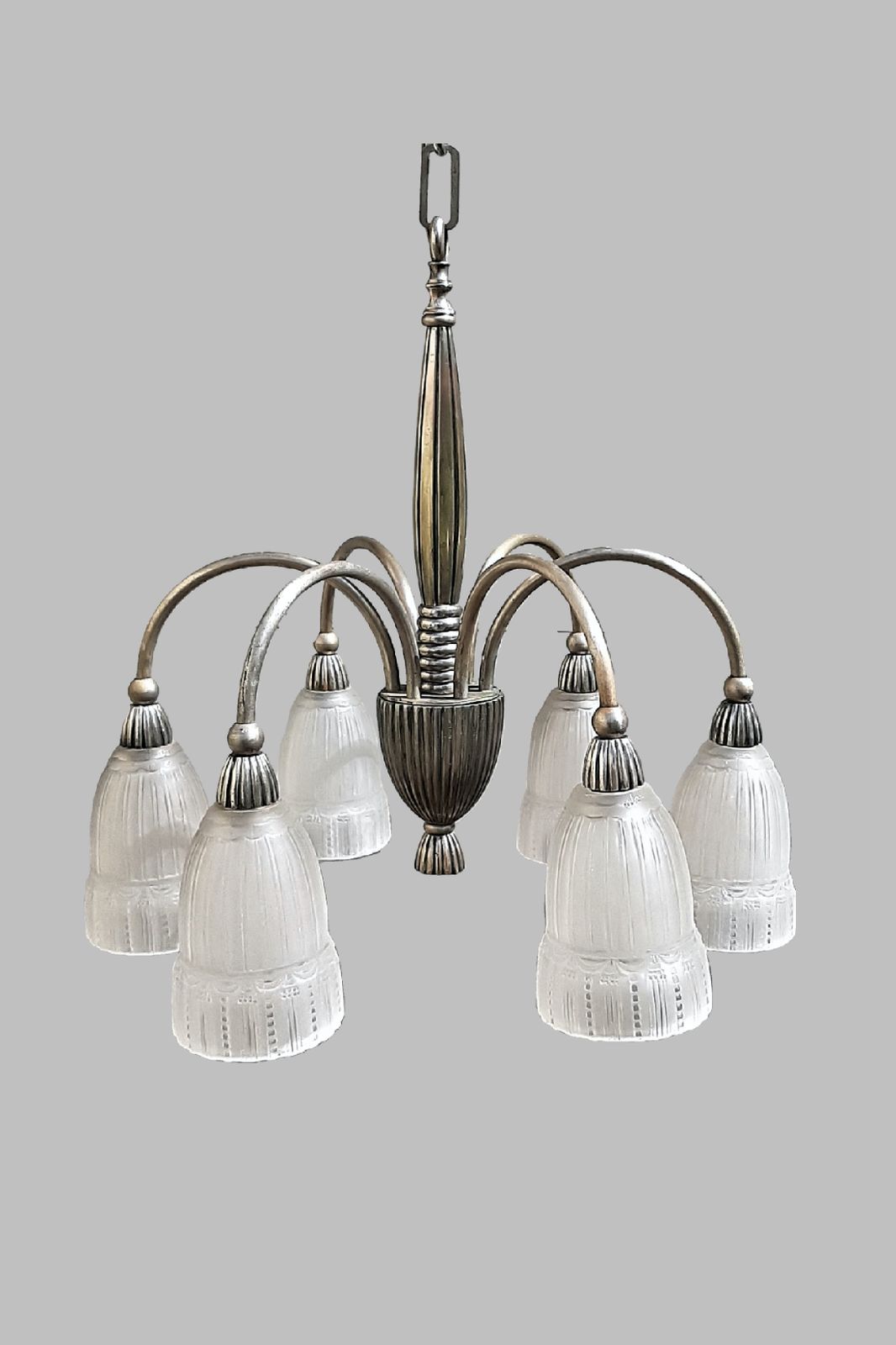 Art Deco Chandelier Elegant Early 1930s French Design Ok For Low Ceiling, Stylish Clear And Frosted Glass Shades, Nickel Plated Bronze Fixture France photo buy
