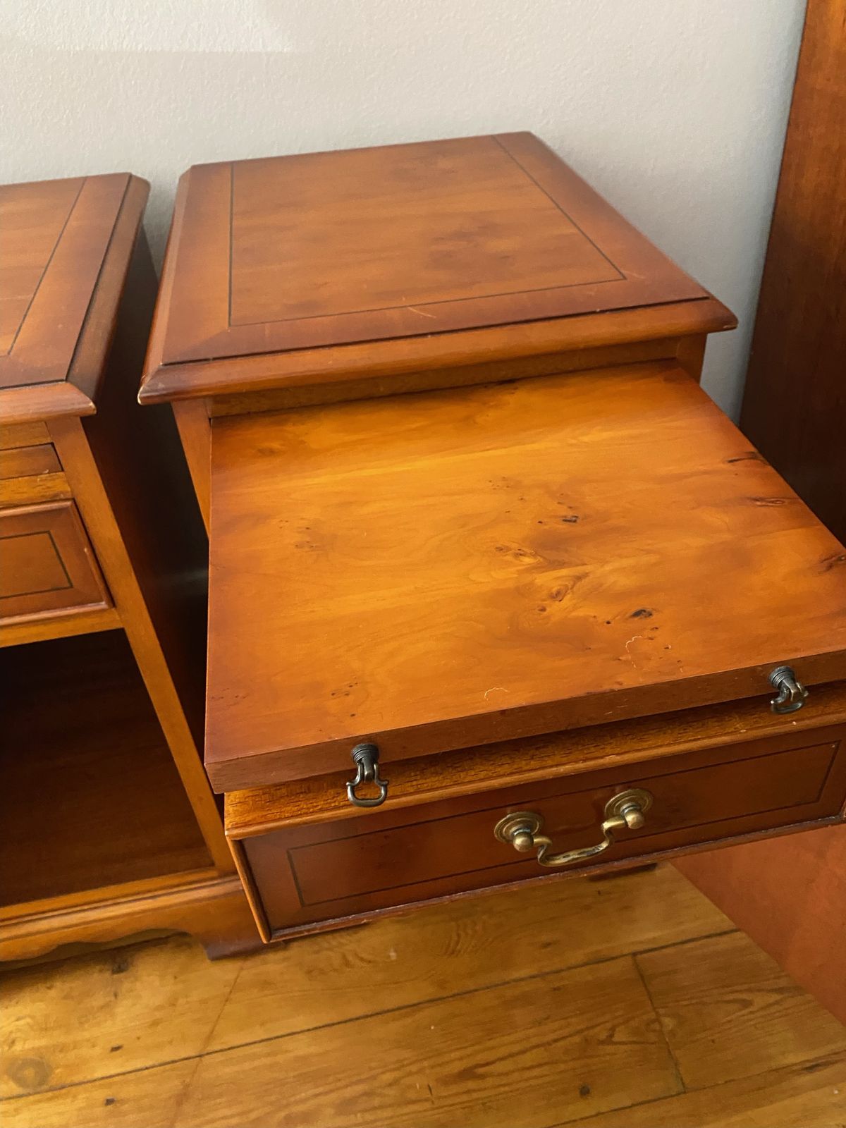 Bradley Yew Wood Pair Of Bedside Tables With Butler Tray photo furniture