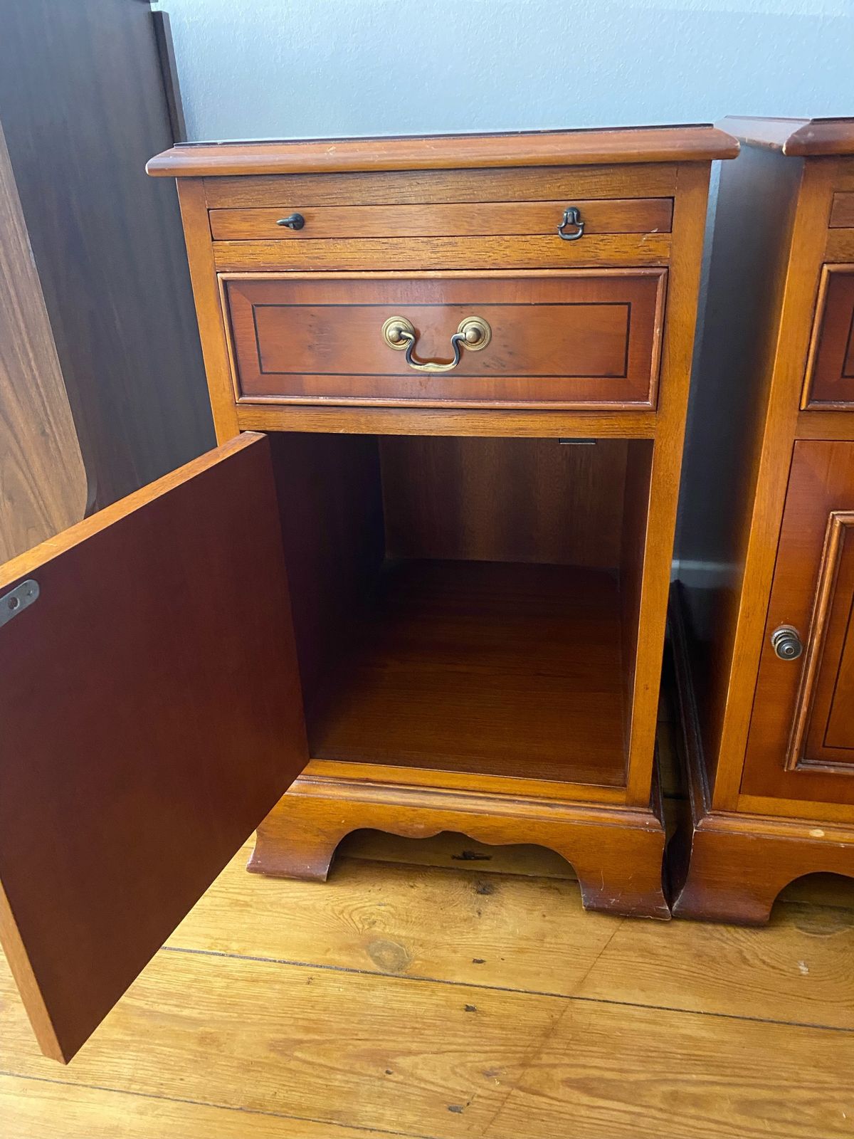 Bradley Yew Wood Pair Of Bedside Tables With Butler Tray photo vinterior