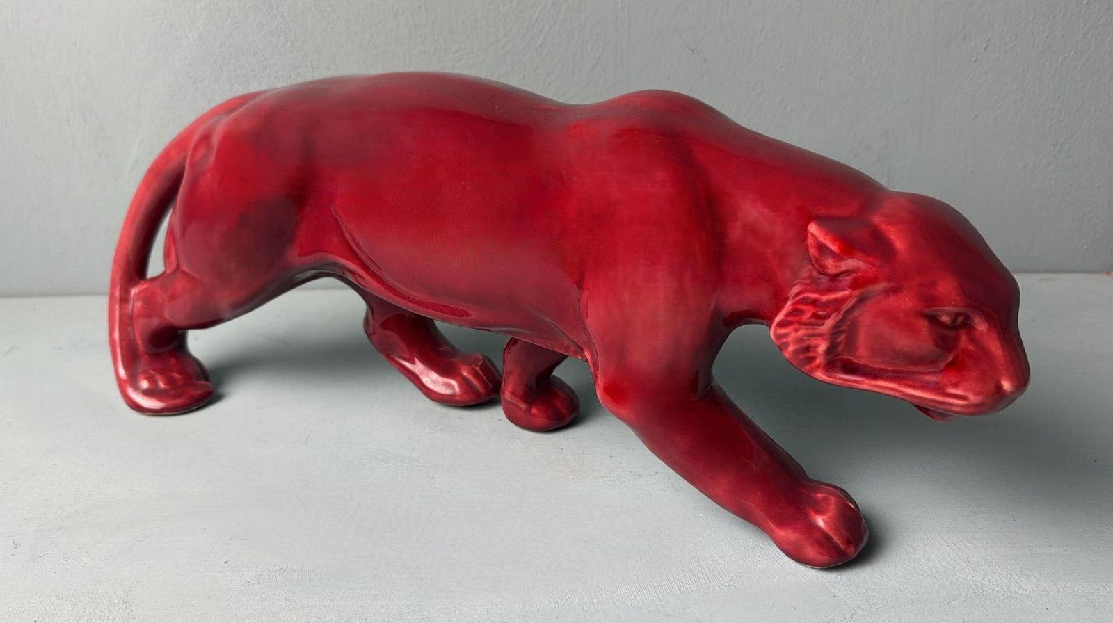 Art Deco Saint Clément Style French Panther In Antique Glazed Red Ceramic photo furniture