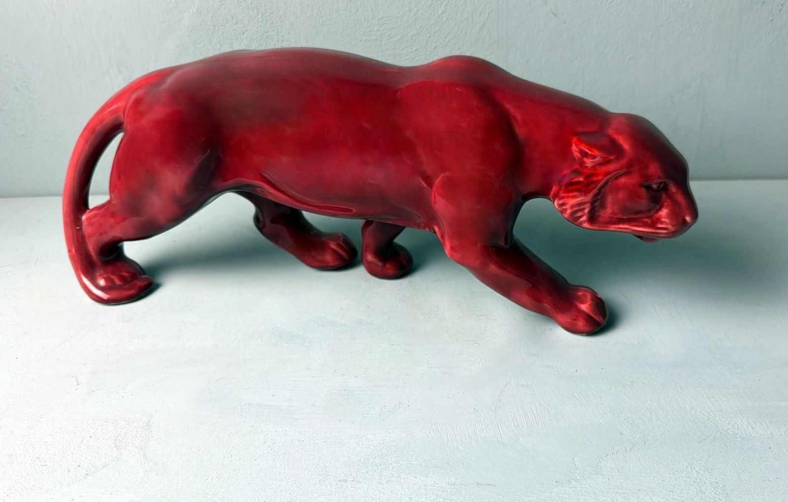 Art Deco Saint Clément Style French Panther In Antique Glazed Red Ceramic photo buy