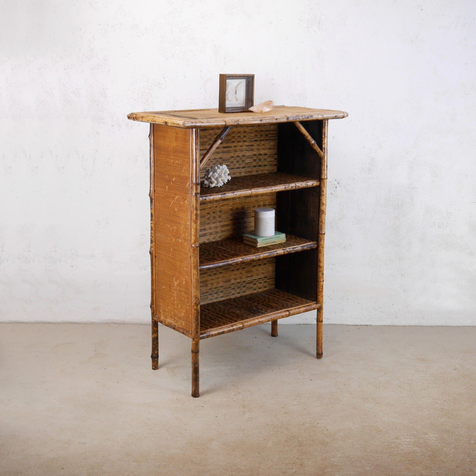 Antique Victorian Tiger Bamboo Cane Rattan Shelving Unit Bookcase #102863 photo for sale