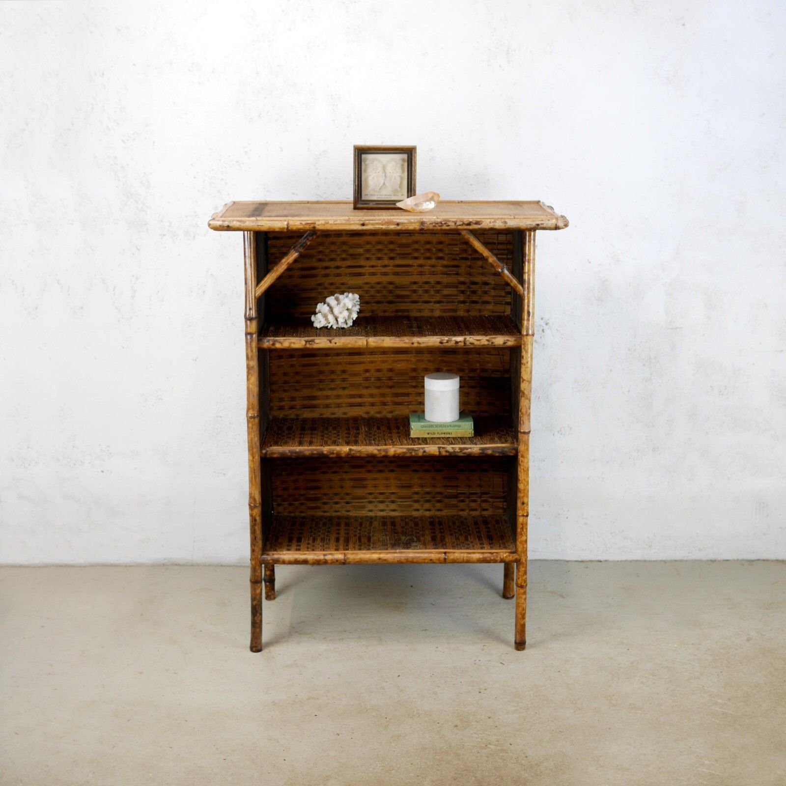 Antique Victorian Tiger Bamboo Cane Rattan Shelving Unit Bookcase #102863 photo Furniture