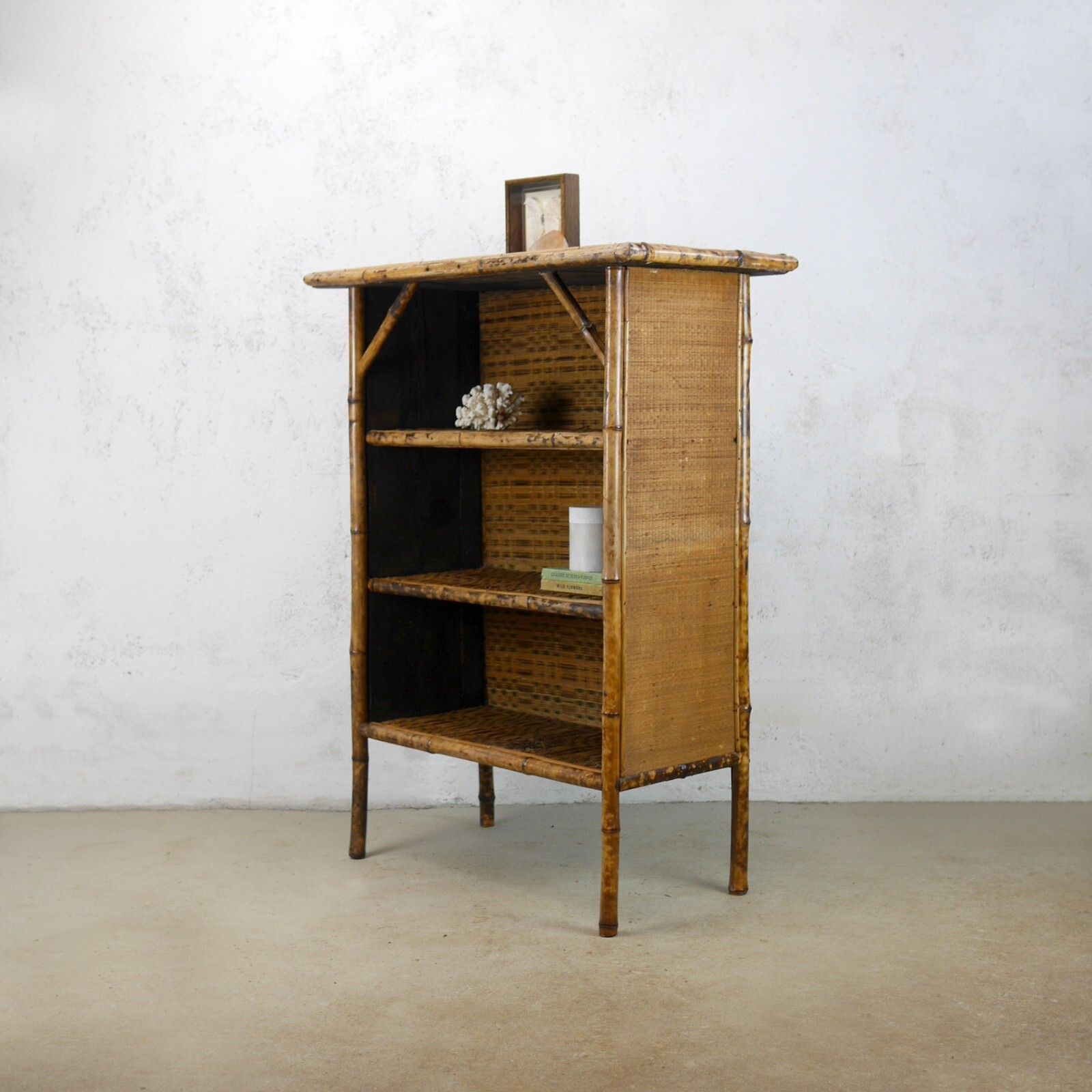 Antique Victorian Tiger Bamboo Cane Rattan Shelving Unit Bookcase #102863 photo 390.0