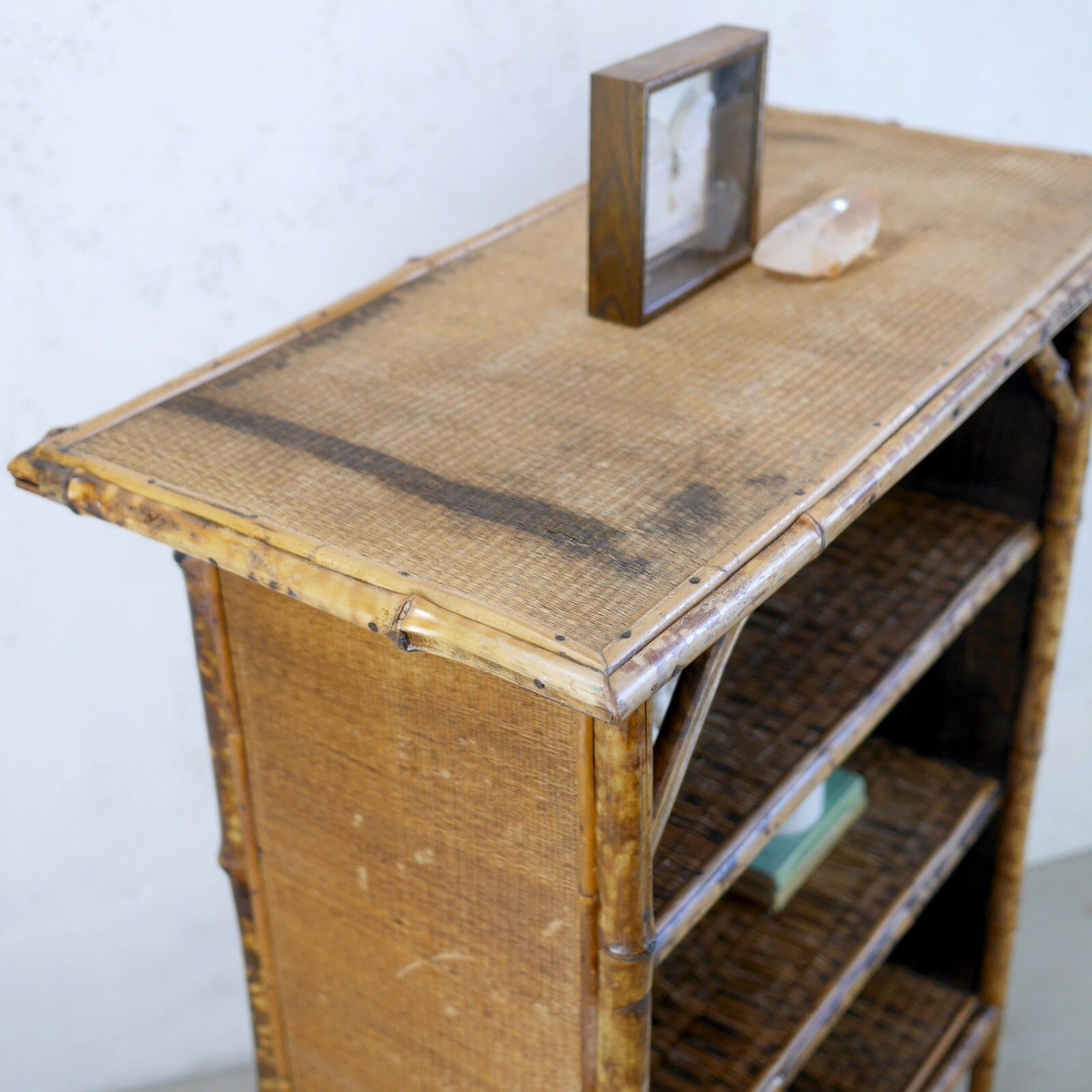 photo for sale Antique Victorian Tiger Bamboo Cane Rattan Shelving Unit Bookcase #102863