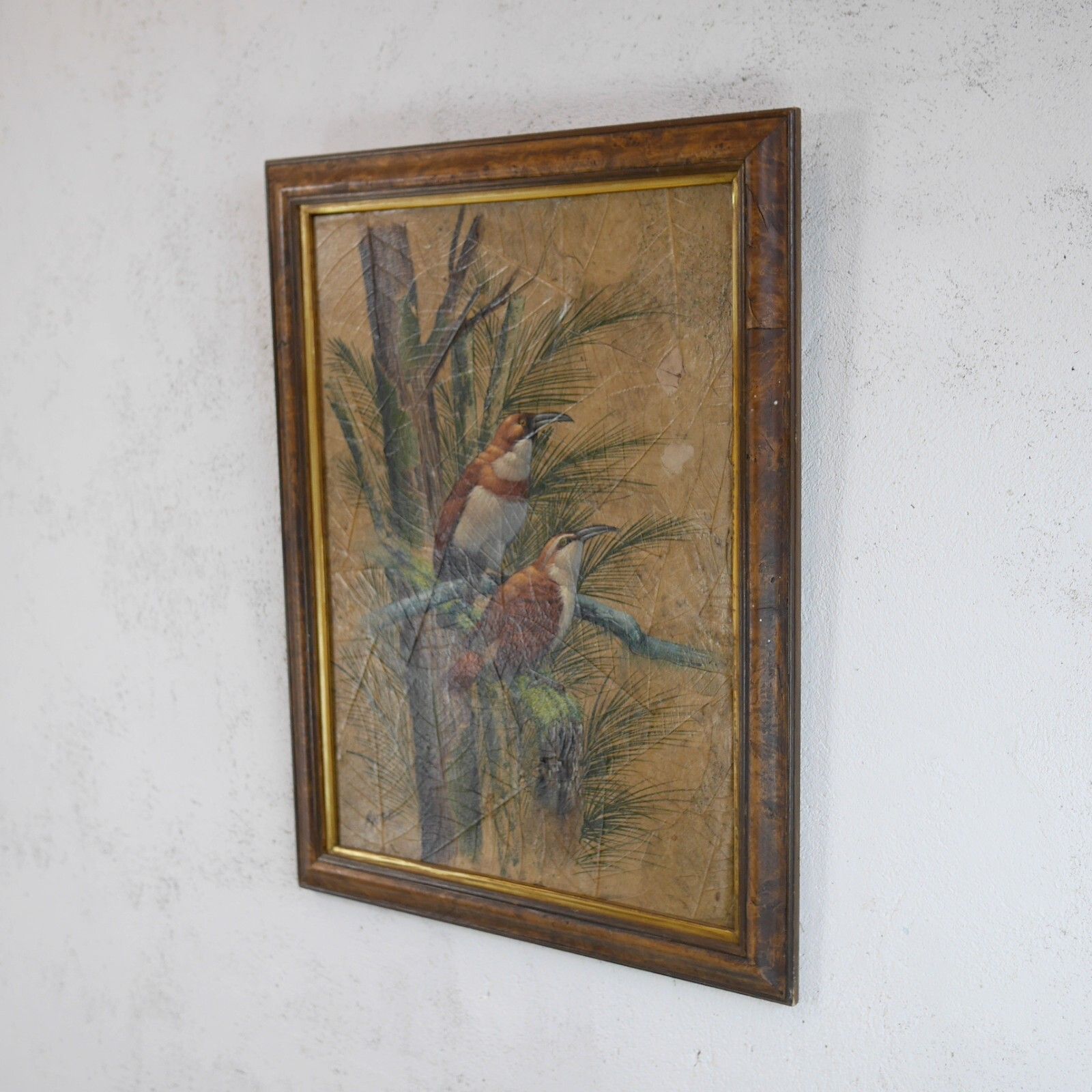 Mid Century Vintage Century Painting  Birds Leaf Background Signed #102869 photo Art