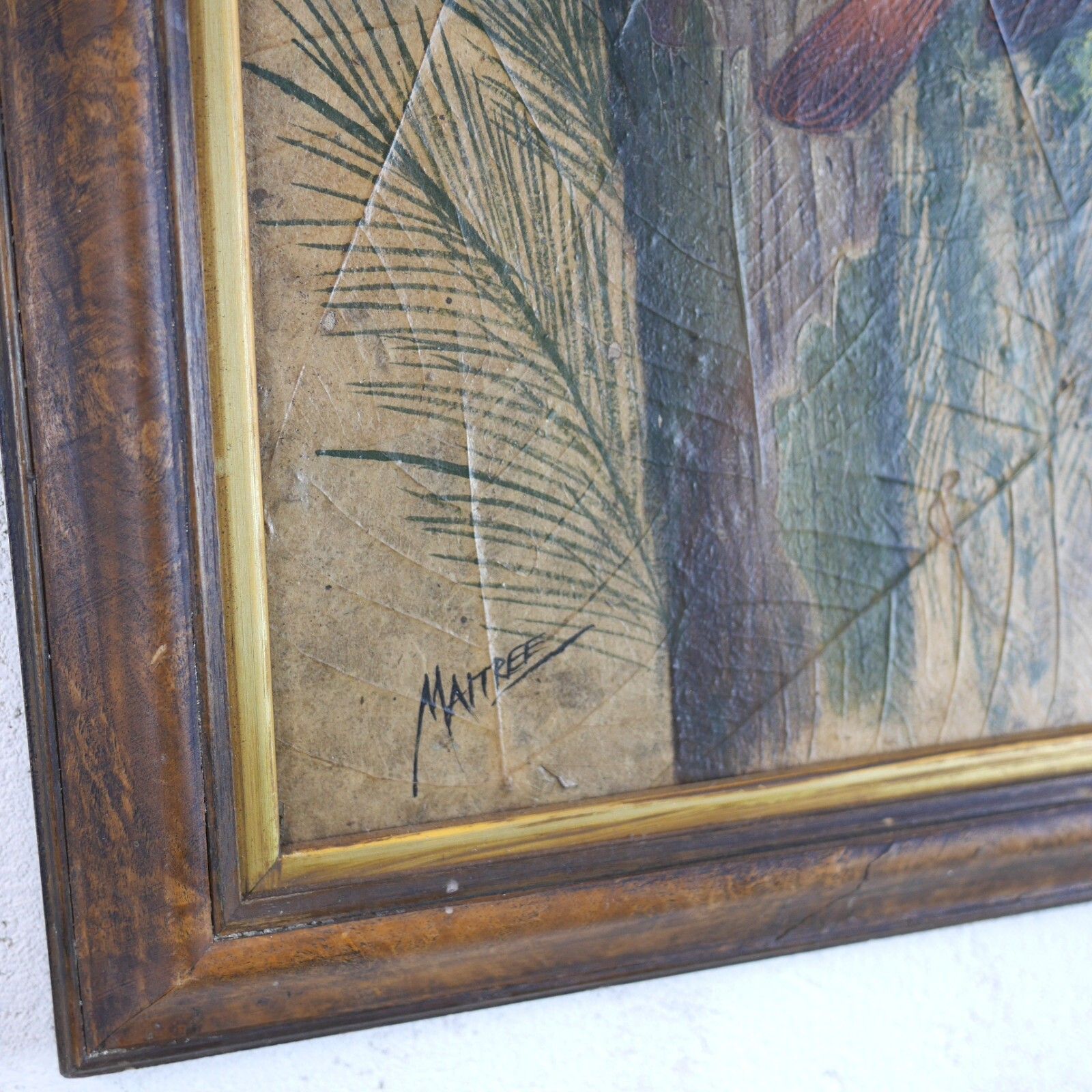 Mid Century Vintage Century Painting  Birds Leaf Background Signed #102869 photo buy