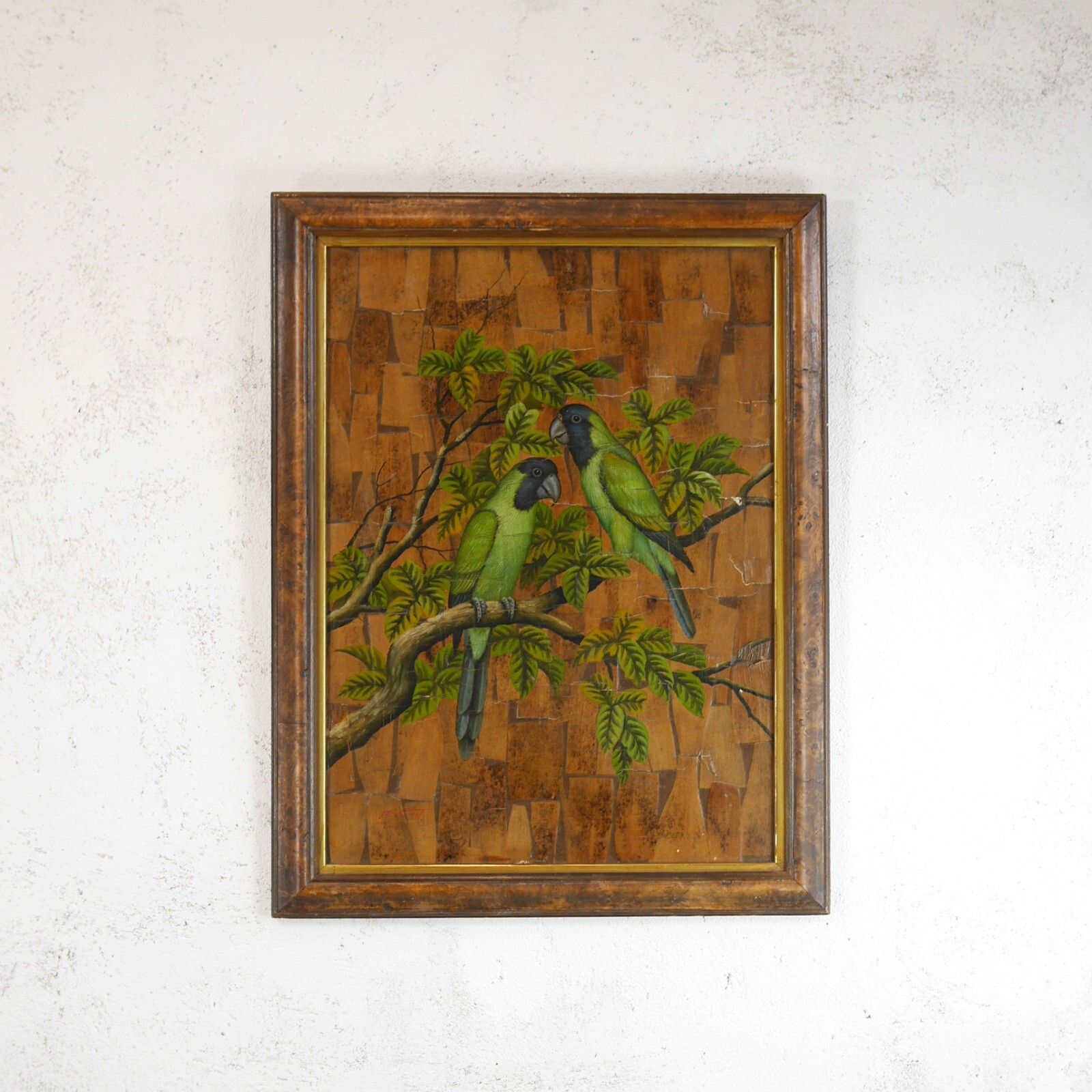 Vintage Framed Painting Of Birds Parakeets Leaf Wood Background #102851