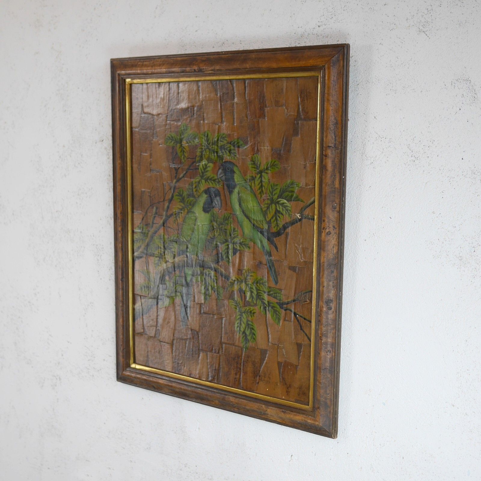 Vintage Framed Painting Of Birds Parakeets Leaf Wood Background #102851 photo Art