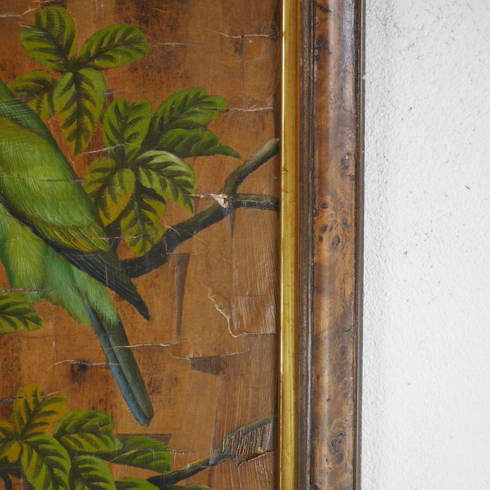 photo furniture Vintage Framed Painting Of Birds Parakeets Leaf Wood Background #102851