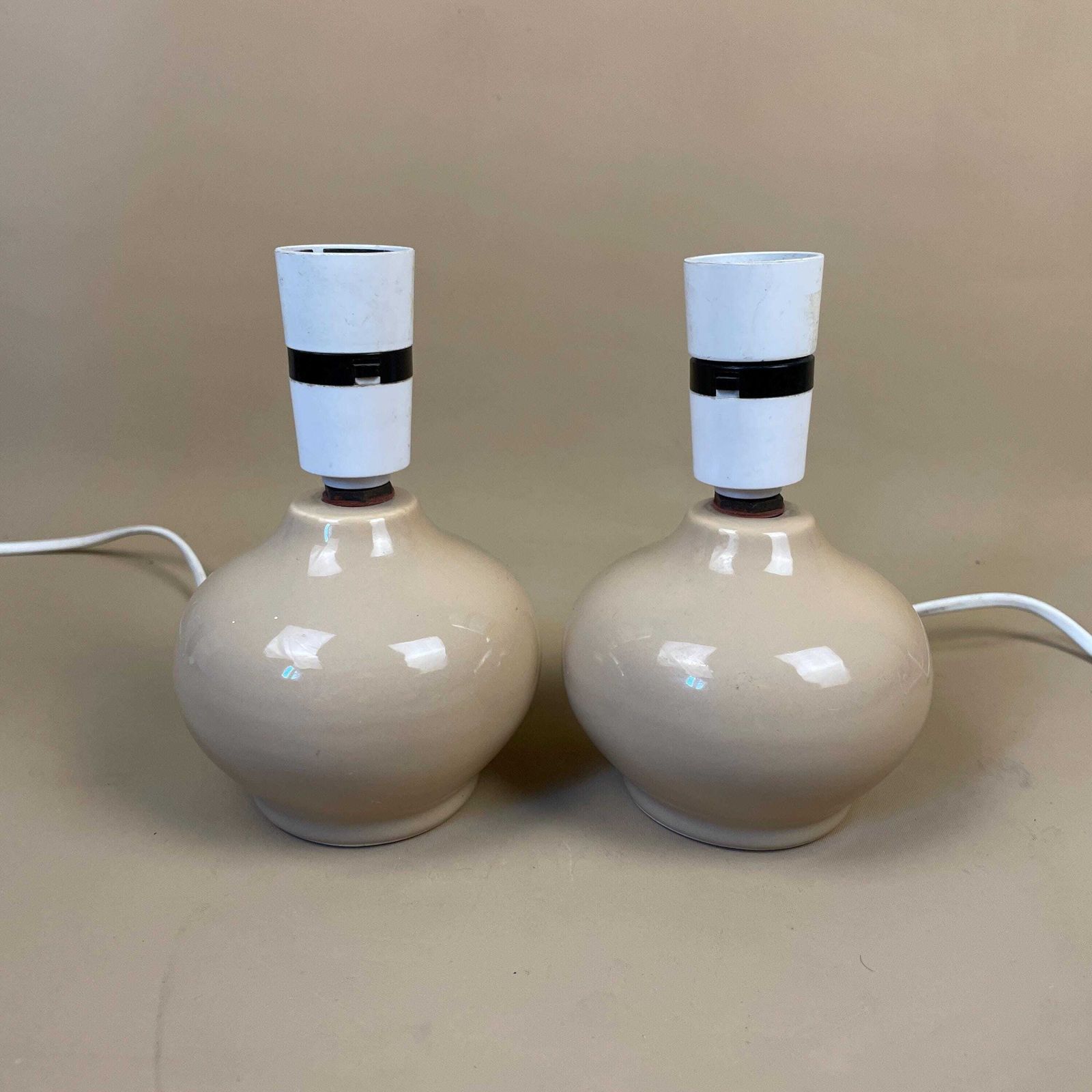 Matching Pair Of 2 Vintage Ceramic Small Taupe Beige Round Ball Lamp Gold Bedside Table Light Vase Antique Cottage Pottery photo for sale