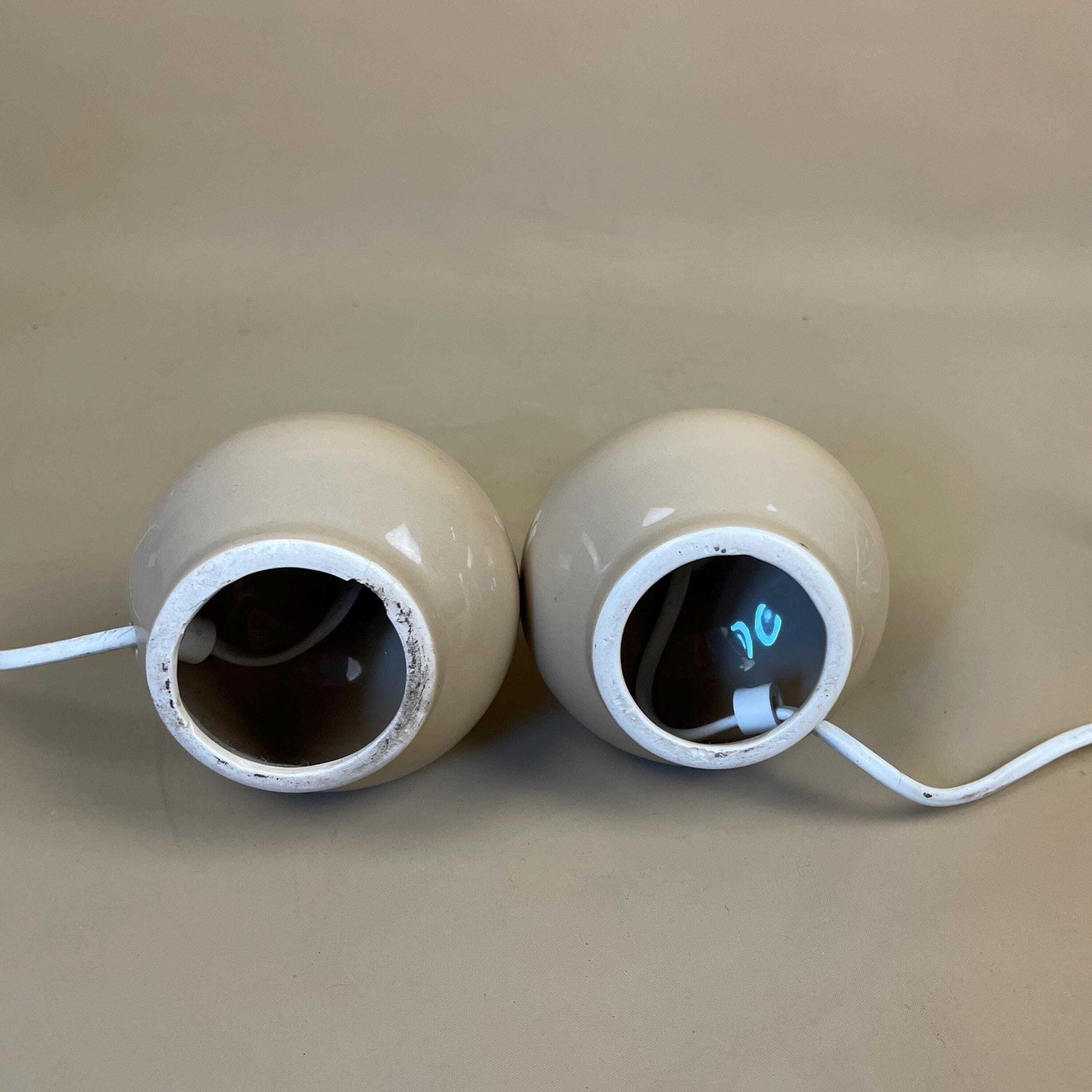 Matching Pair Of 2 Vintage Ceramic Small Taupe Beige Round Ball Lamp Gold Bedside Table Light Vase Antique Cottage Pottery photo vinterior