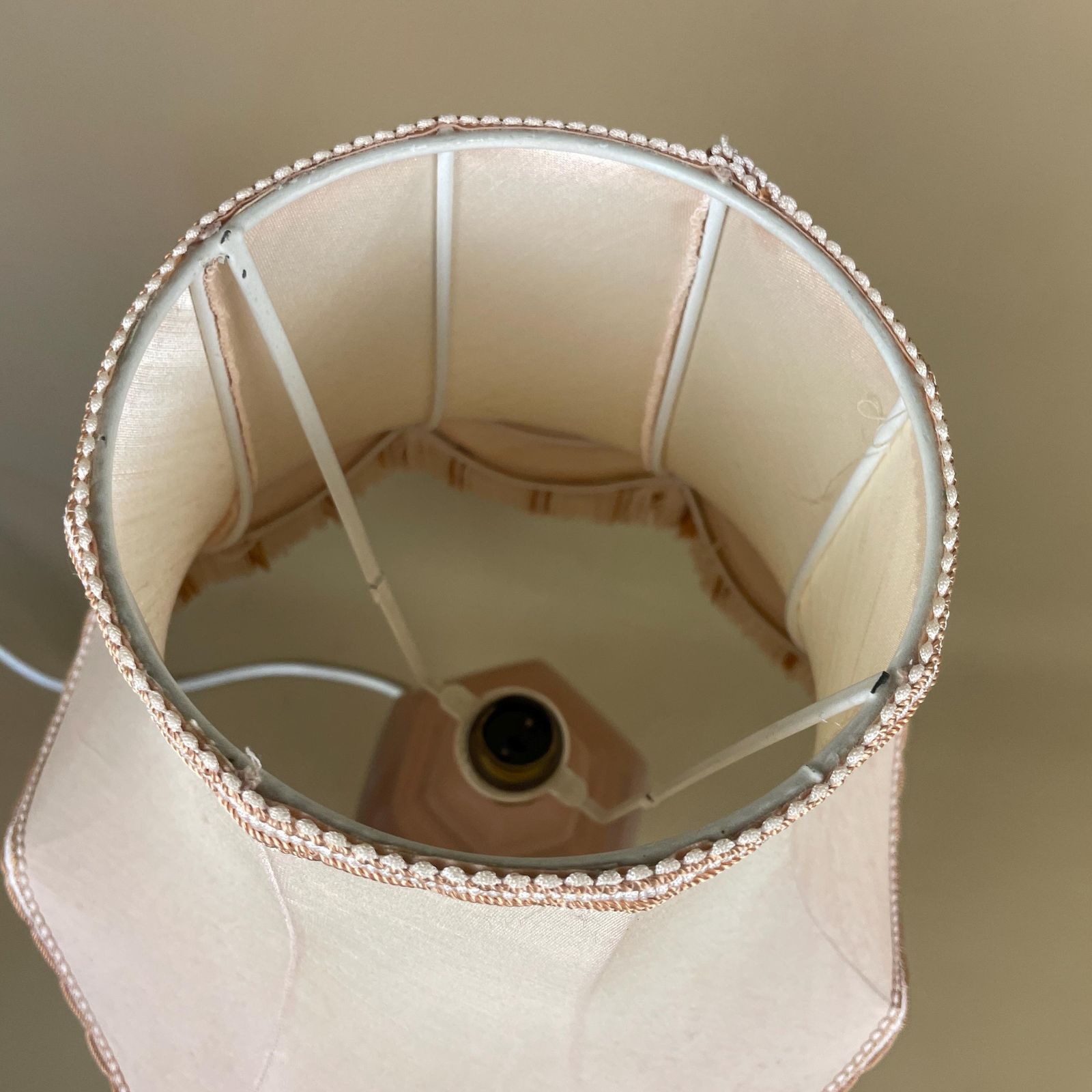 Vintage Ceramic Pale Pink Lamp Bedside Table Light Round Hexagon Retro Cottage Pottery Lampshade Shade Tassel Fringe Edge photo vinterior
