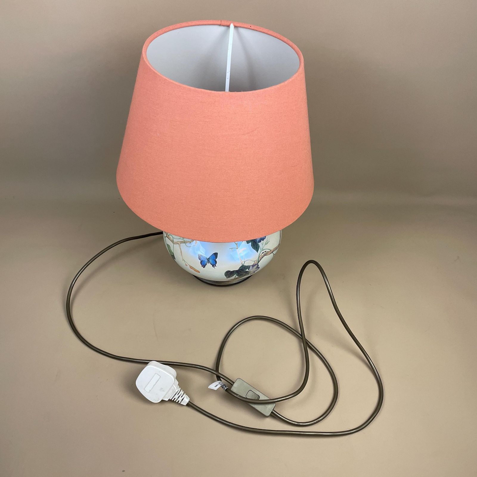photo for sale Vintage Ceramic Butterfly Pattern Lamp Bedside Table Light Round Vase Cottage Pottery Lampshade Coral Shade Patterned Pretty Metal Brass