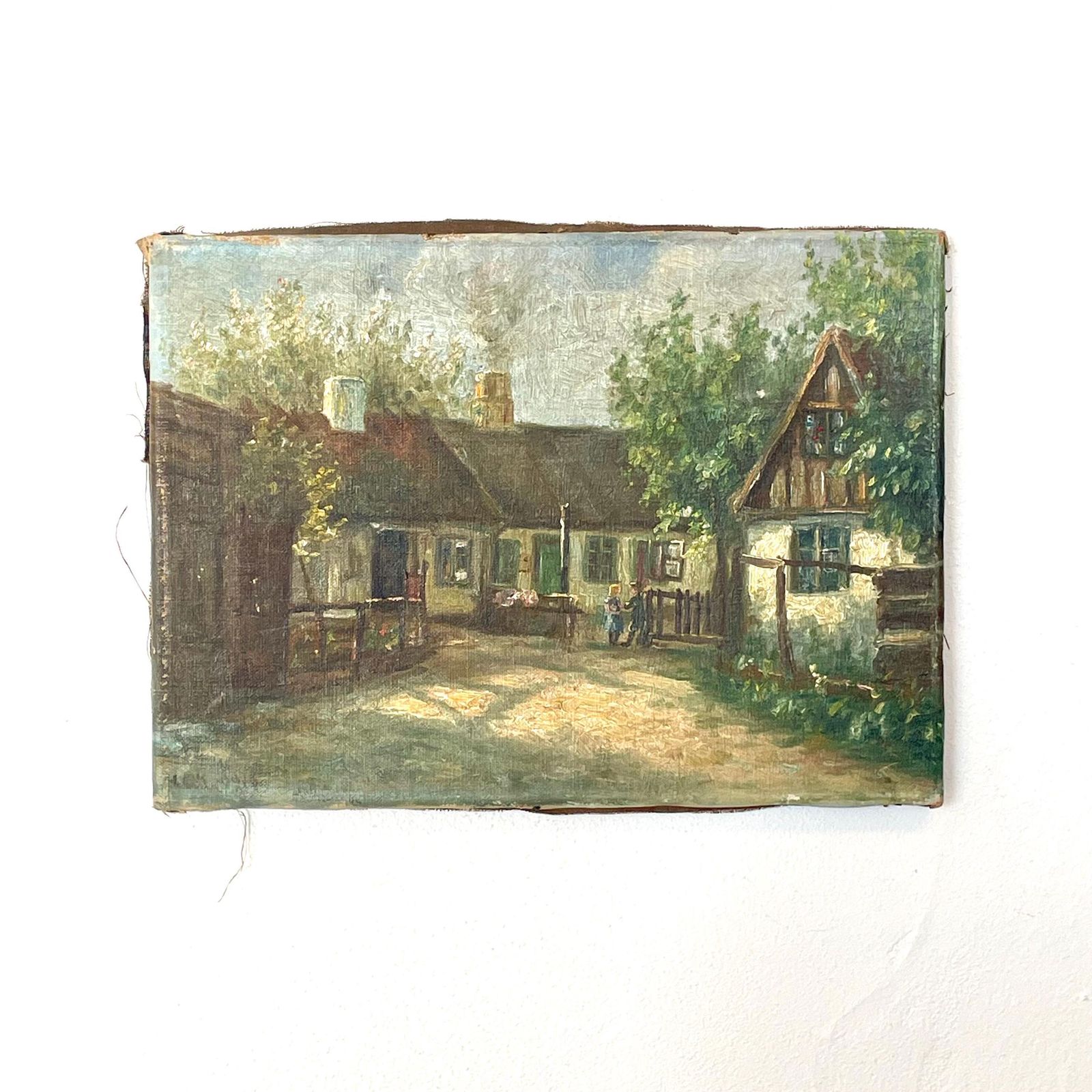 Danish Antique Early 20th Century Signed Oil On Canvas Painting With Motive Of Children Playing At A Farm In Valby, Copenhagen