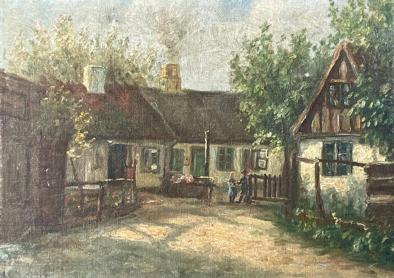 Danish Antique Early 20th Century Signed Oil On Canvas Painting With Motive Of Children Playing At A Farm In Valby, Copenhagen photo furniture