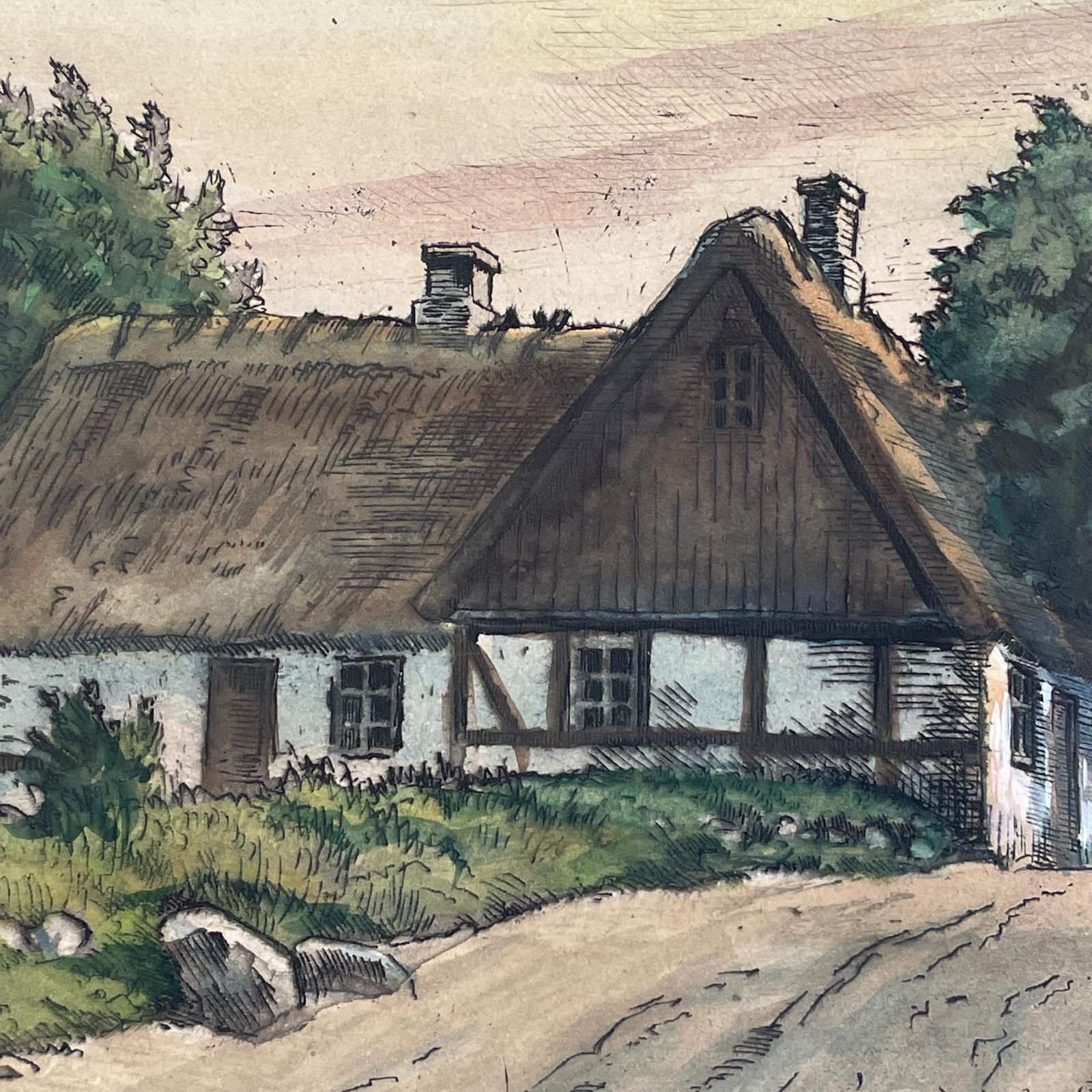 Deens Handgekleurde Ets Uit Het Begin Van De 20e Eeuw, Ca. Jaren 1930, Door Peder Møller (1890–1961) – Motief Van Boerderij En Molen photo buy