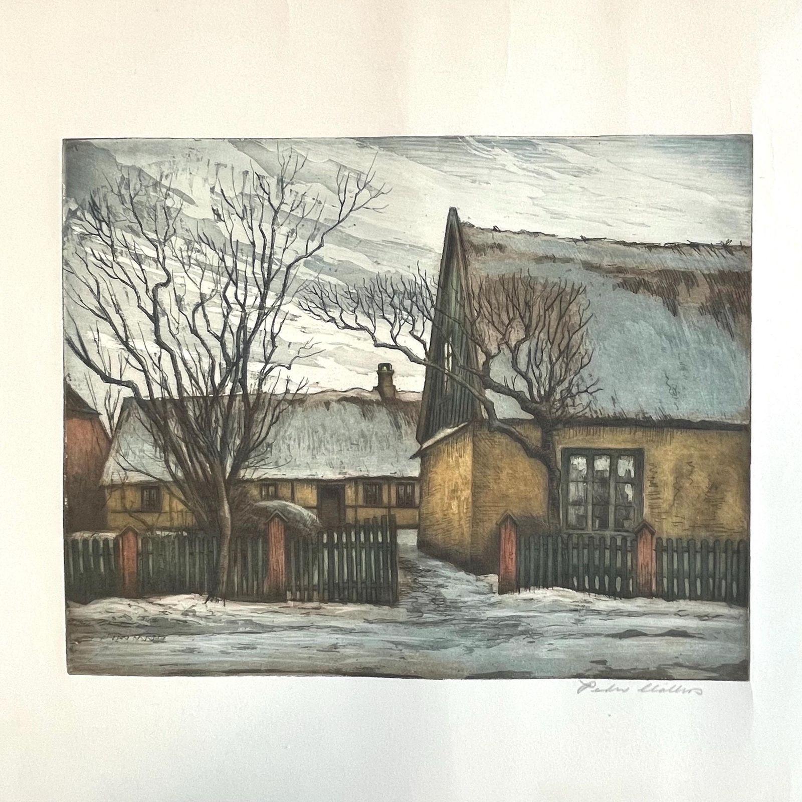 Early 20th Century Danish Handcoloured Etching From The 1930s By Peder Møller (1890 1961) With Landscape Motive Of Mill And Farm