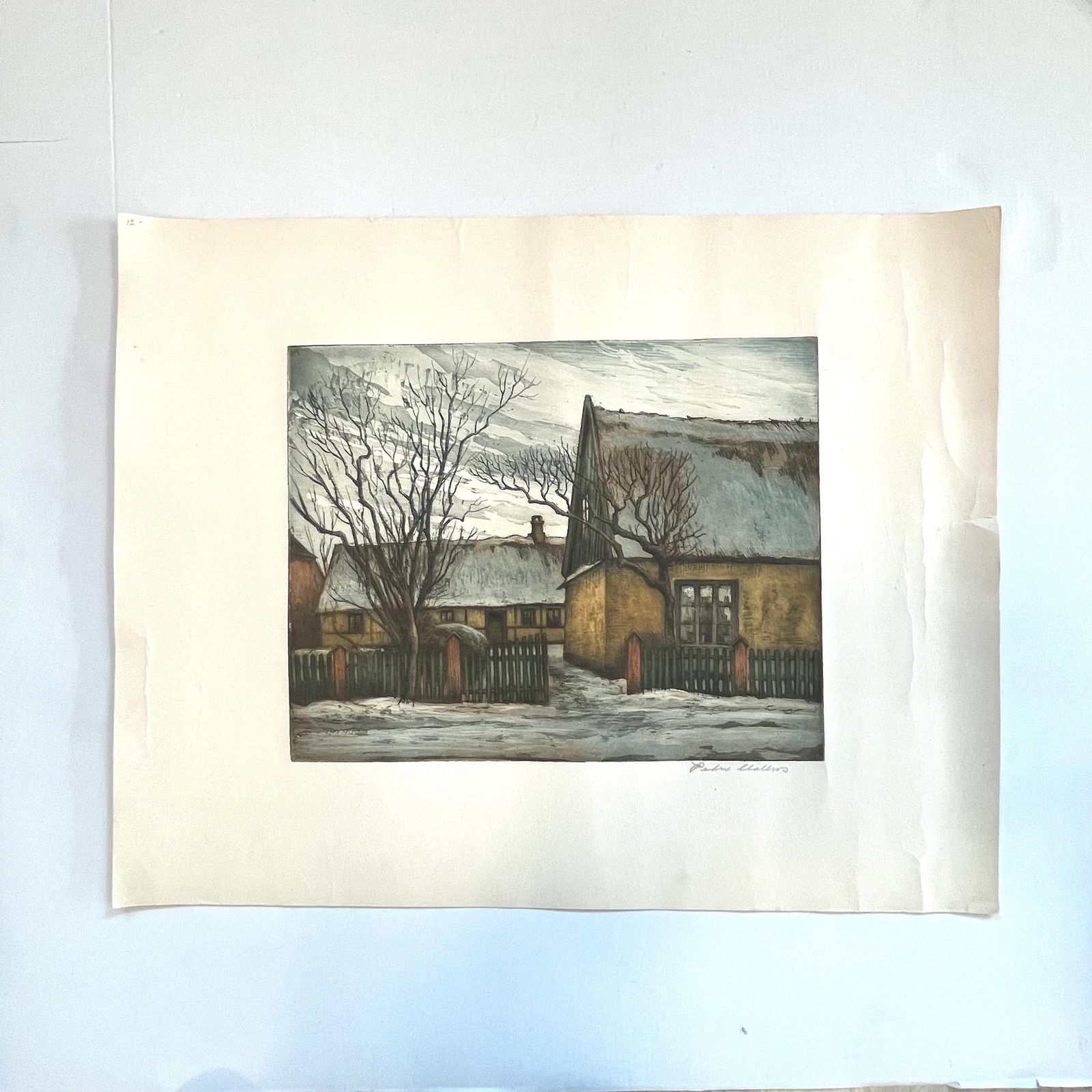 Early 20th Century Danish Handcoloured Etching From The 1930s By Peder Møller (1890 1961) With Landscape Motive Of Mill And Farm photo furniture