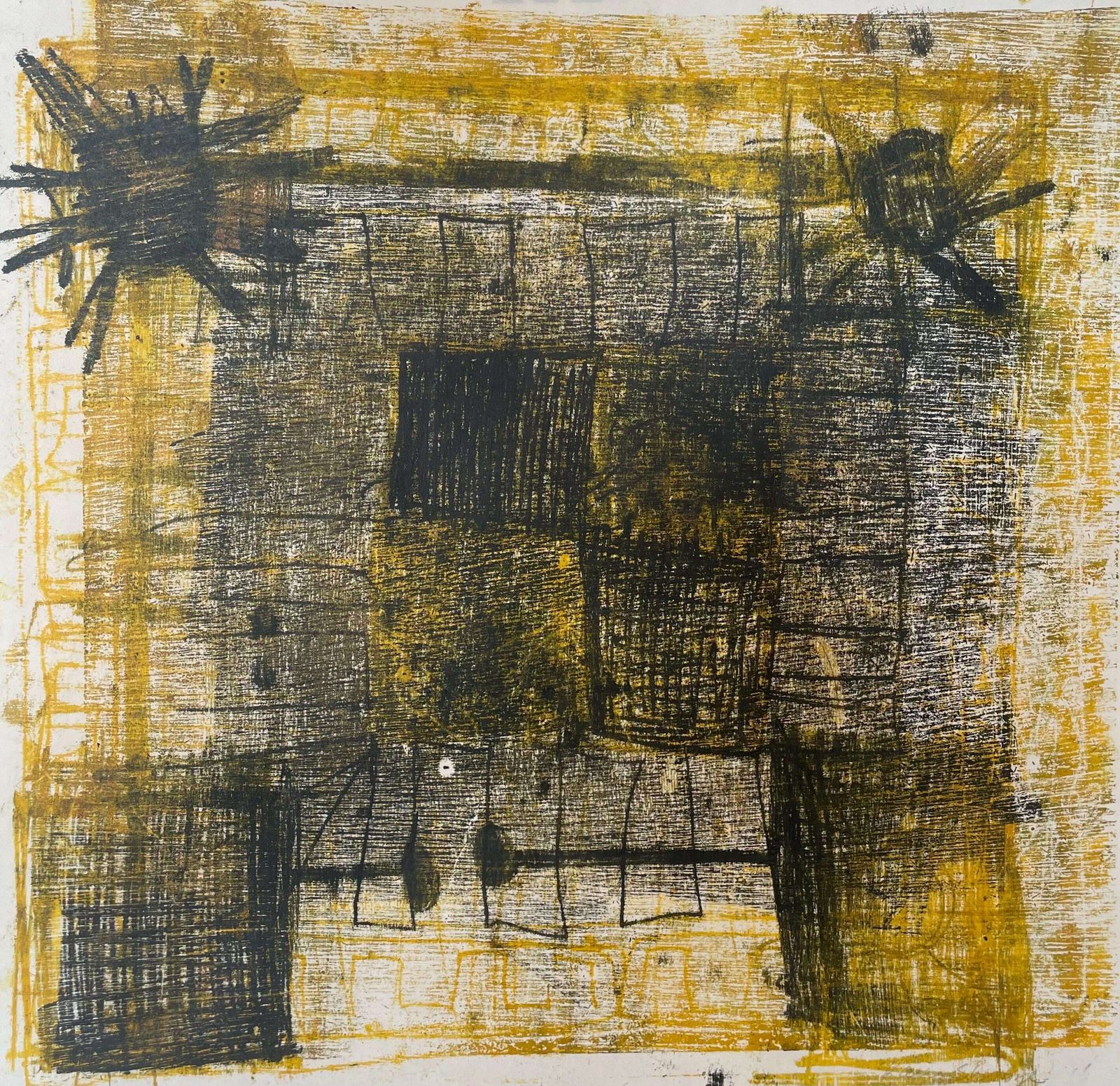 Vintage Original Postmodern Signed Print With Oil Chalk Drawing From Denmark In Strong Yellow And Black Colours And Abstract Style