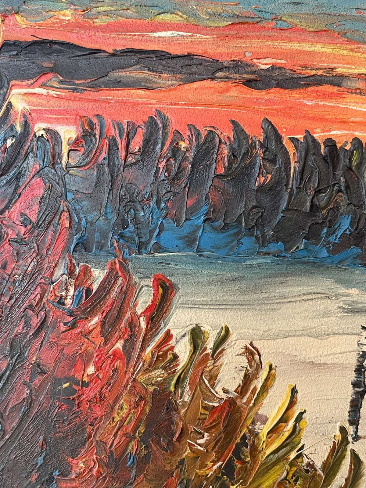 Danish Vintage Expressionist Abstract Erling Dyremose Mid Century Oil Painting In Great Colours With Motive Of Lake In Abstract Landscape photo for sale