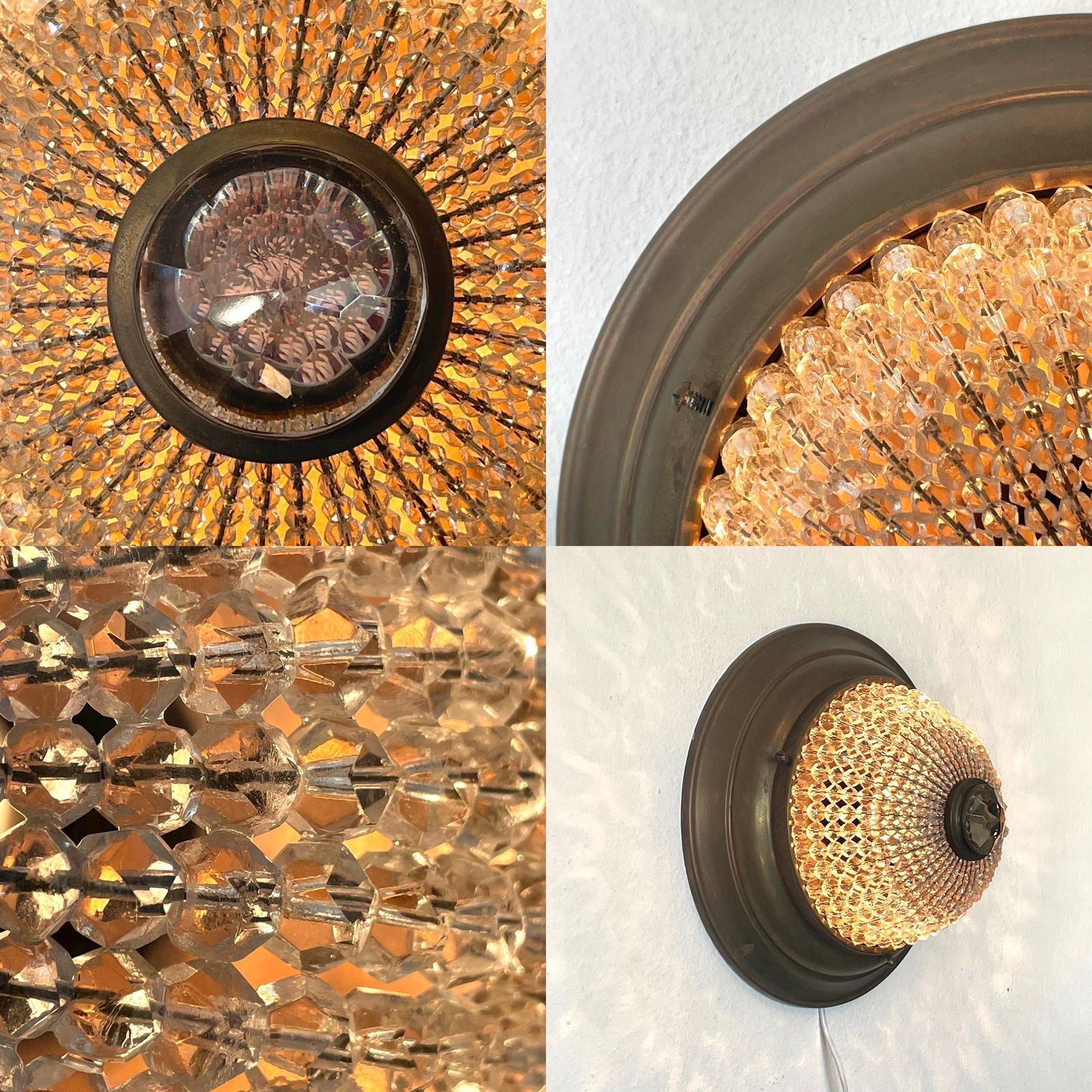 photo for sale Exclusive Antique Art Deco Crystal Cut Glass Bead And Patinated Brass Flush Mount Ceiling Or Wall Light In Elegant Design And Beautiful Glow