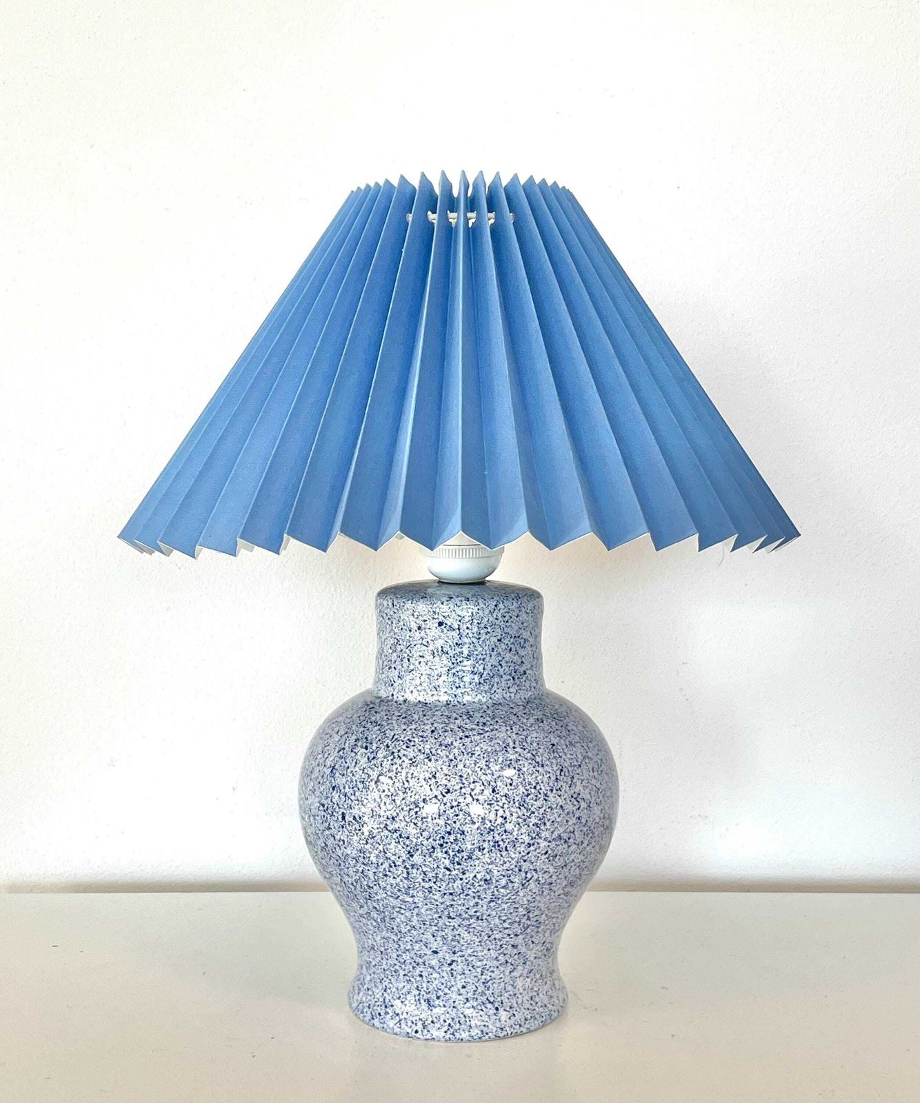 Vintage 1980s Danish Postmodern Design Porcelain Table Lamp In Spotted Blue And White With Blue Pleated Fabric Shade photo for sale