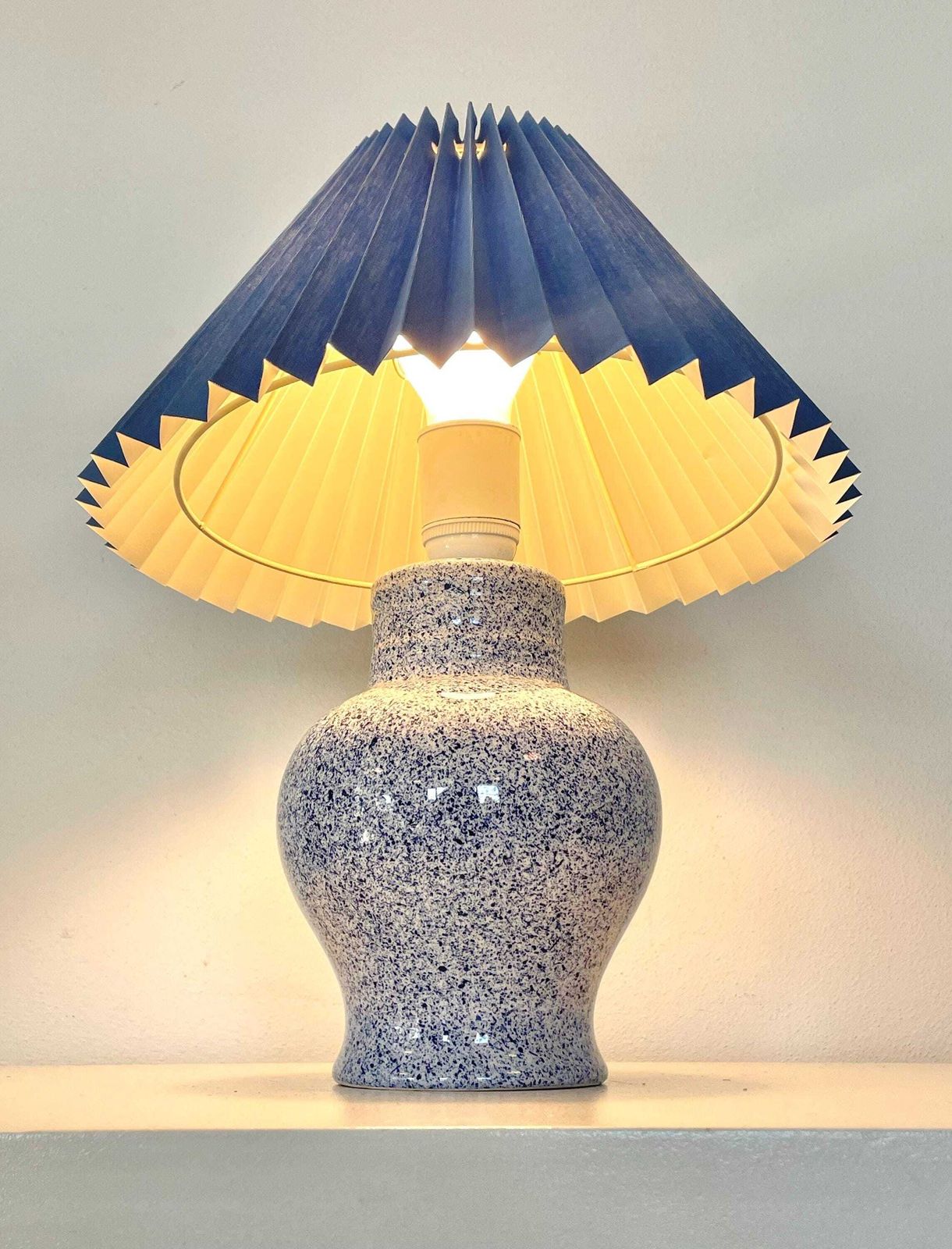 Vintage 1980s Danish Postmodern Design Porcelain Table Lamp In Spotted Blue And White With Blue Pleated Fabric Shade photo 231.0