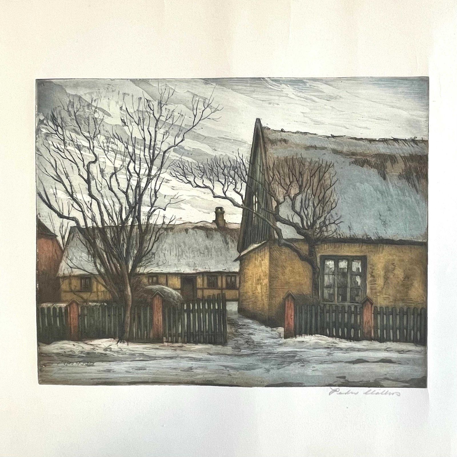 Early 20th Century Danish Handcoloured Etching From The 1930s By Peder Møller (1890 1961) With Motive Of Town House