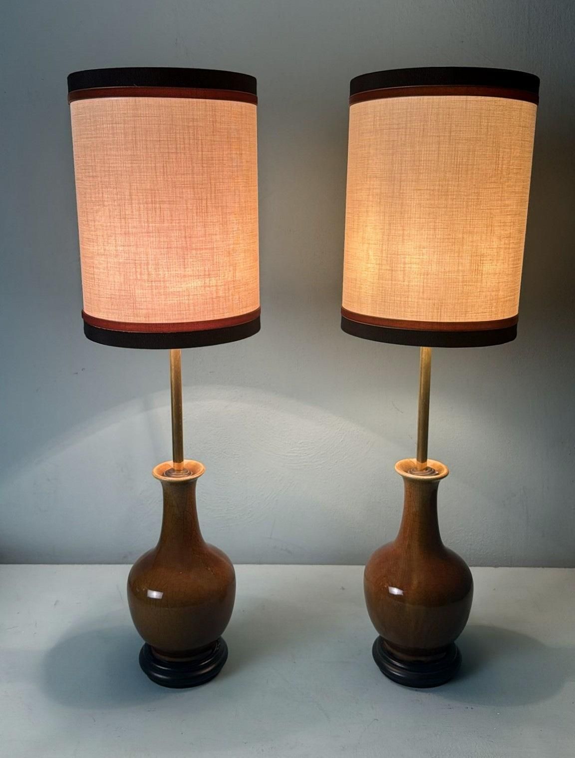 Pair Of Chinese Crackle Glazed Porcelain Lamps With Wooden Base And Lampshades photo for sale