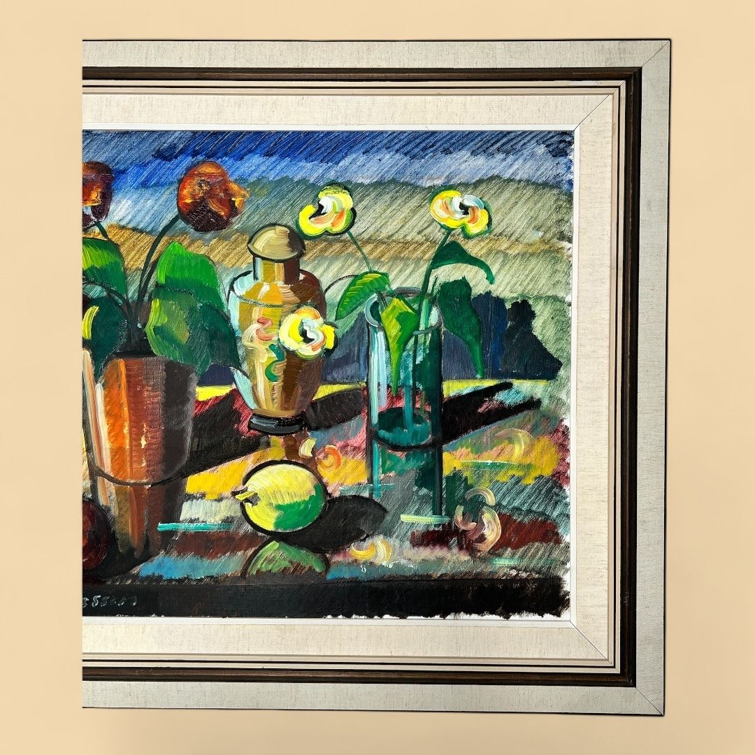 Still Life With Potted Plant, Large Oil On Canvas Painting photo furniture