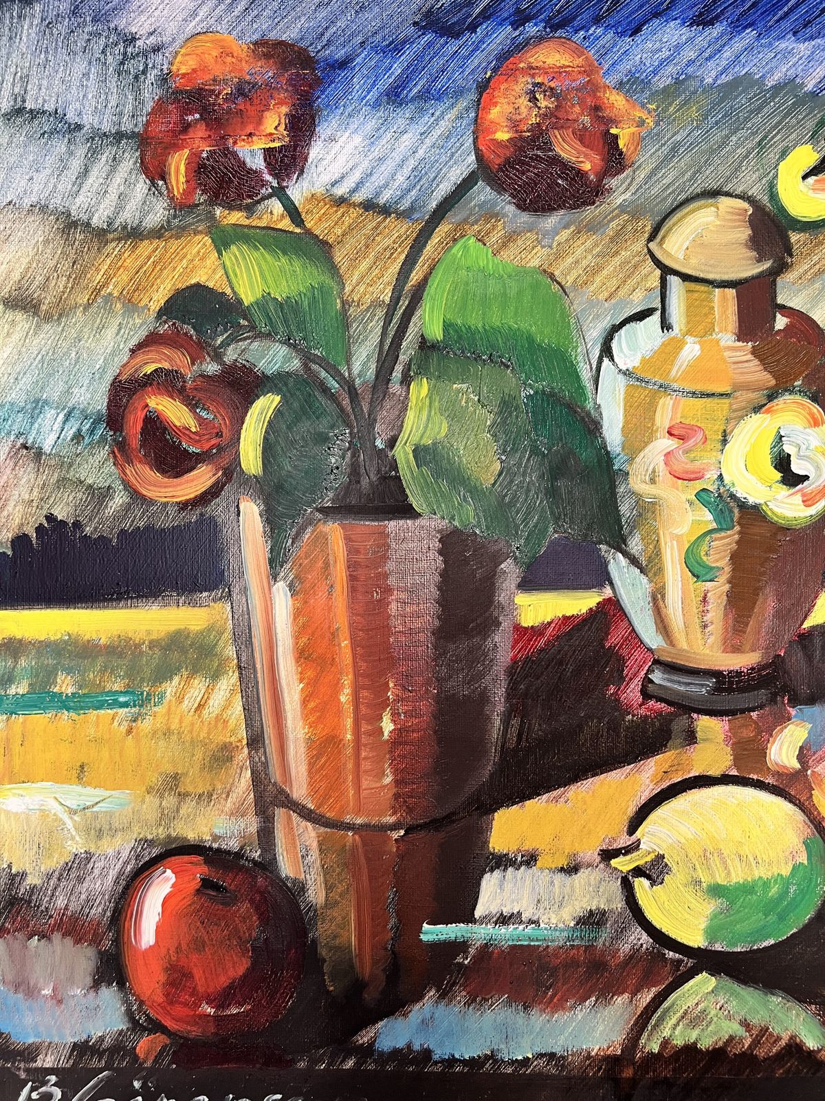 Still Life With Potted Plant, Large Oil On Canvas Painting photo vintage